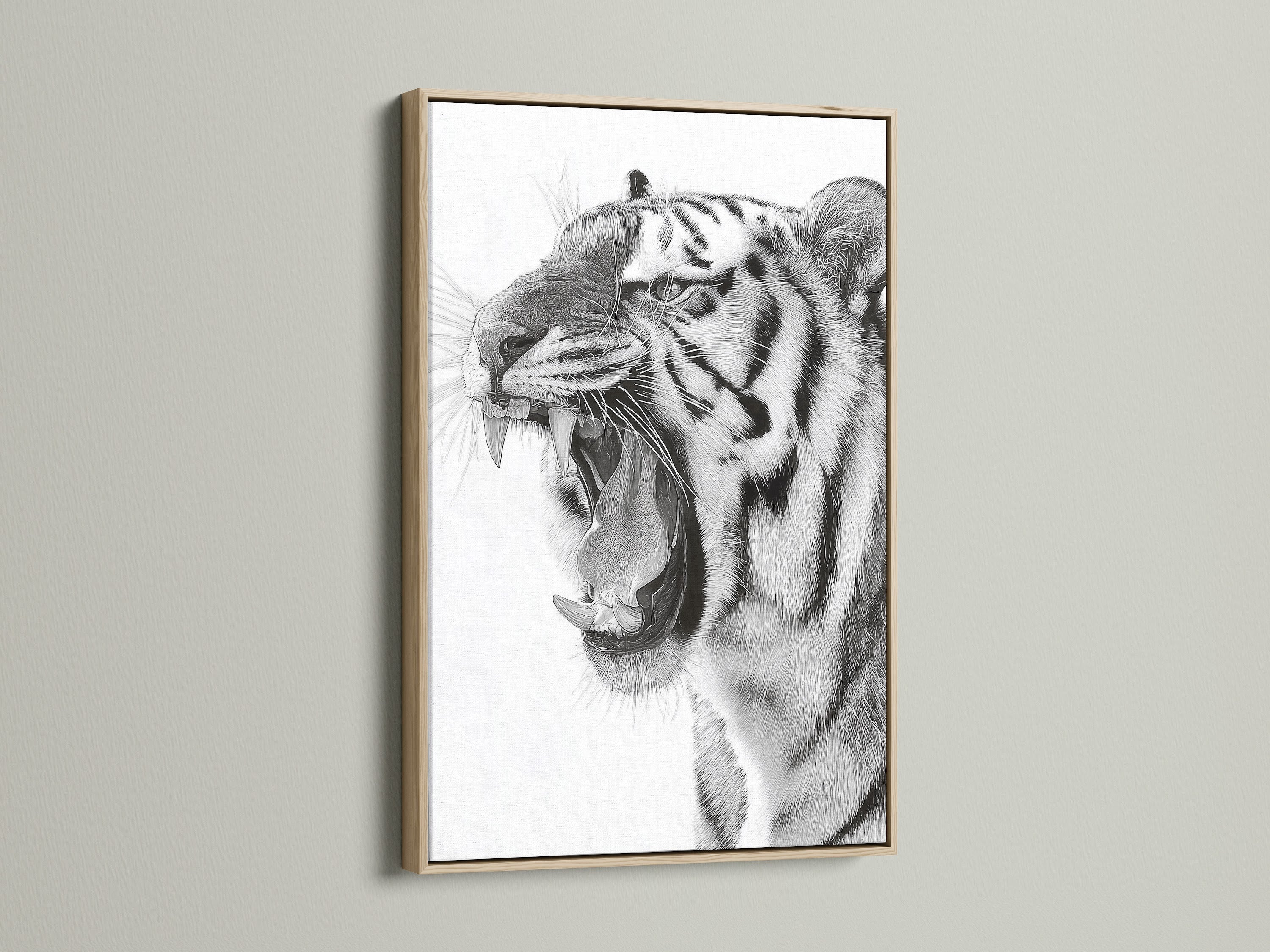 An oak frame showcases a striking tiger artwork. The natural wood grain of the oak complements the art. Its neutral tone ensures it will suit many interior styles. Perfect for adding a touch of nature-inspired elegance to your walls.