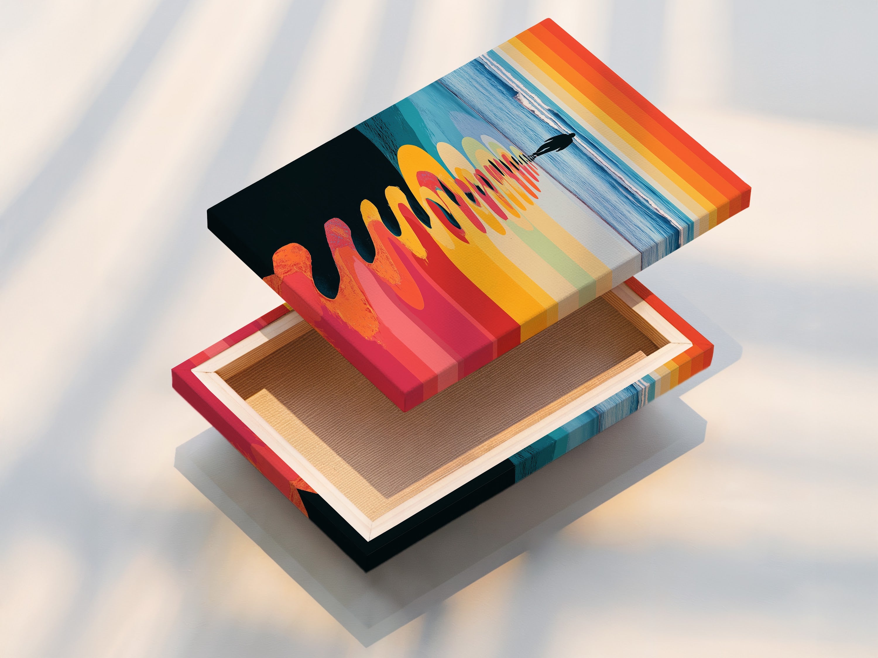 A stretched canvas print is displayed. The retro striped seascape wall art brings the beach to your living room. The stretched canvas enhances the colorful print and modern art print. This coastal artwork is perfect for creating a calming atmosphere. Add this ocean canvas to your space.