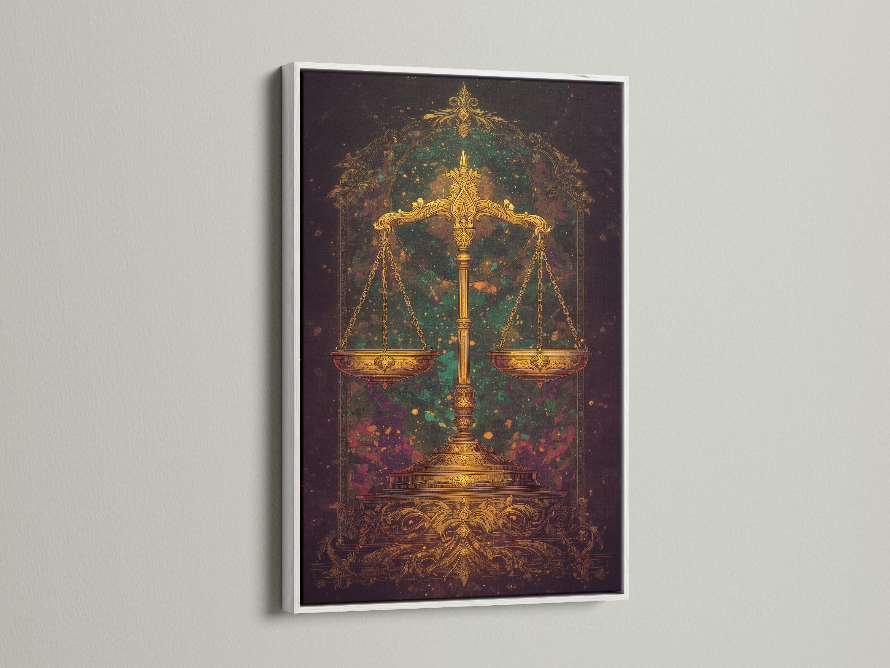 The Justice Scales artwork is showcased in a clean white frame. The celestial art print brings mystical justice to any room. Ideal for law firms this golden wall decor complements eclectic styles. Enhance your space with ornamental scales