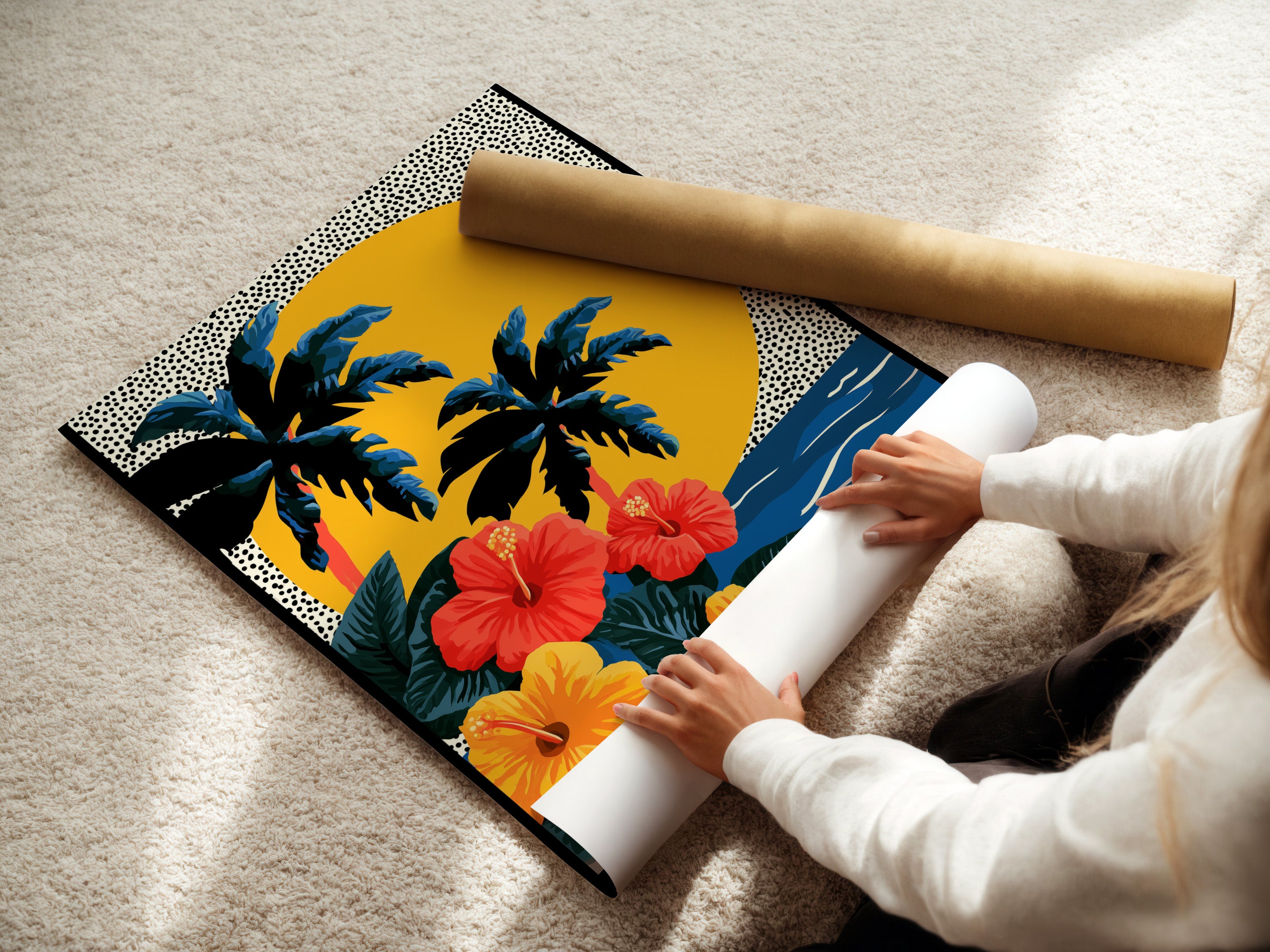 This image shows a woman carefully rolling a fine art poster paper. The poster paper has a smooth texture. The woman is handling the poster with care. The image shows the process of preparing fine art prints for shipping. The paper is being rolled to prevent damage.