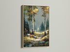 Birch Forest autumn landscape artwork with an oak frame. The nature canvas print highlights the beauty of birch trees. It is perfect for rustic wall decor. This woodland decor brings a touch of fall colors indoors. Elevate your space with this stunning forest wall art.