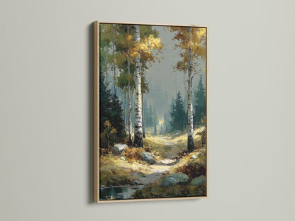Birch Forest autumn landscape artwork with an oak frame. The nature canvas print highlights the beauty of birch trees. It is perfect for rustic wall decor. This woodland decor brings a touch of fall colors indoors. Elevate your space with this stunning forest wall art.