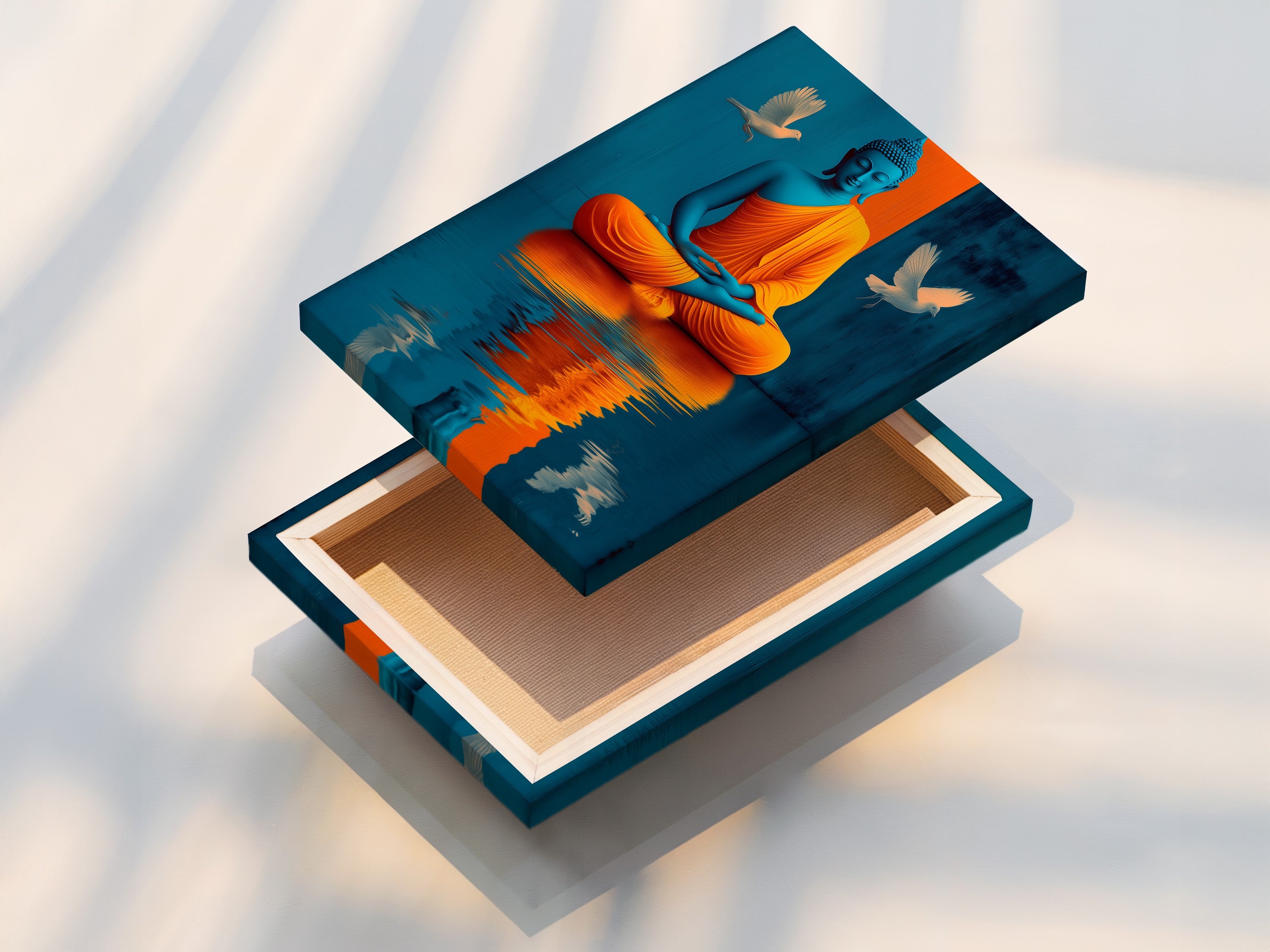 Discover the beauty of our stretched canvas print. The Buddha artwork is displayed in vibrant teal and gold. This spiritual zen decor is perfect for any room. Add a touch of peace and harmony to your space. Enjoy the high-quality craftsmanship of our canvas prints.