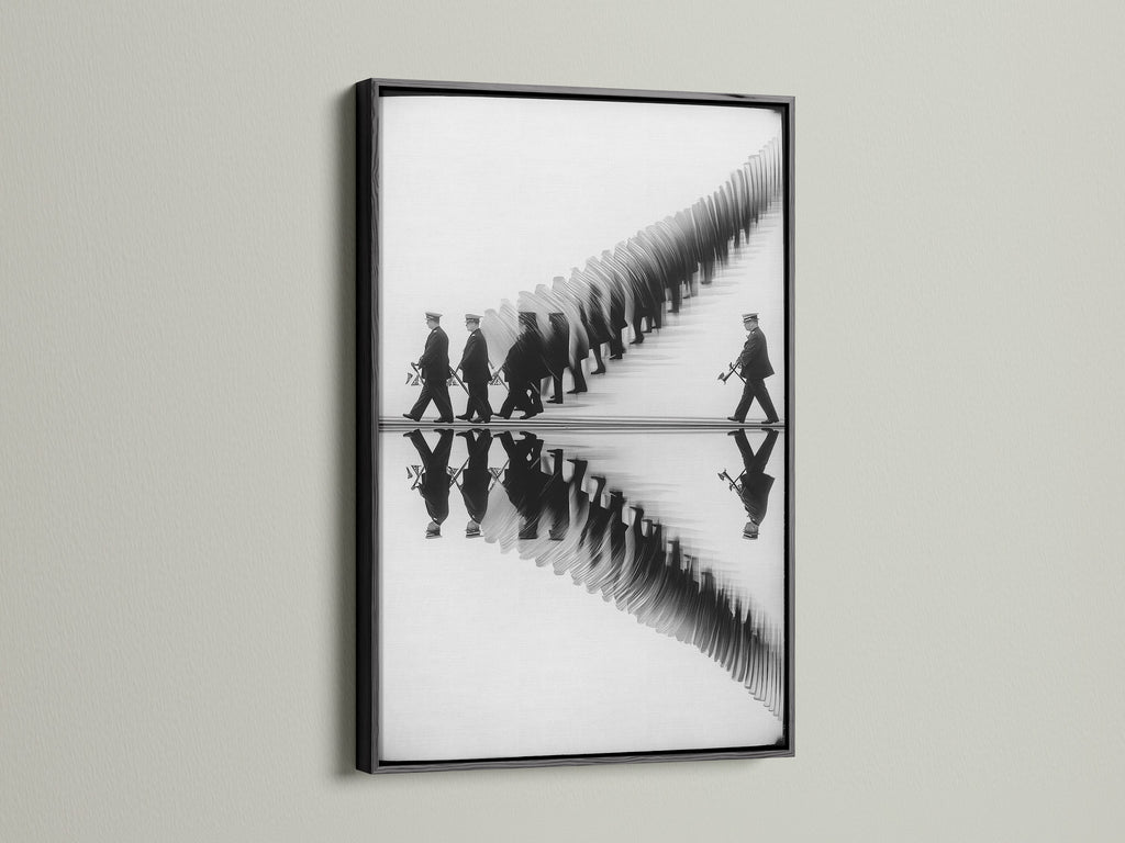 This marching band artwork has a sleek black frame. The black and white reflection art complements any room. Suitable for modern minimalist or urban interiors. It enhances office wall art study decor and music rooms. A sophisticated choice for professionals and music lovers alike.