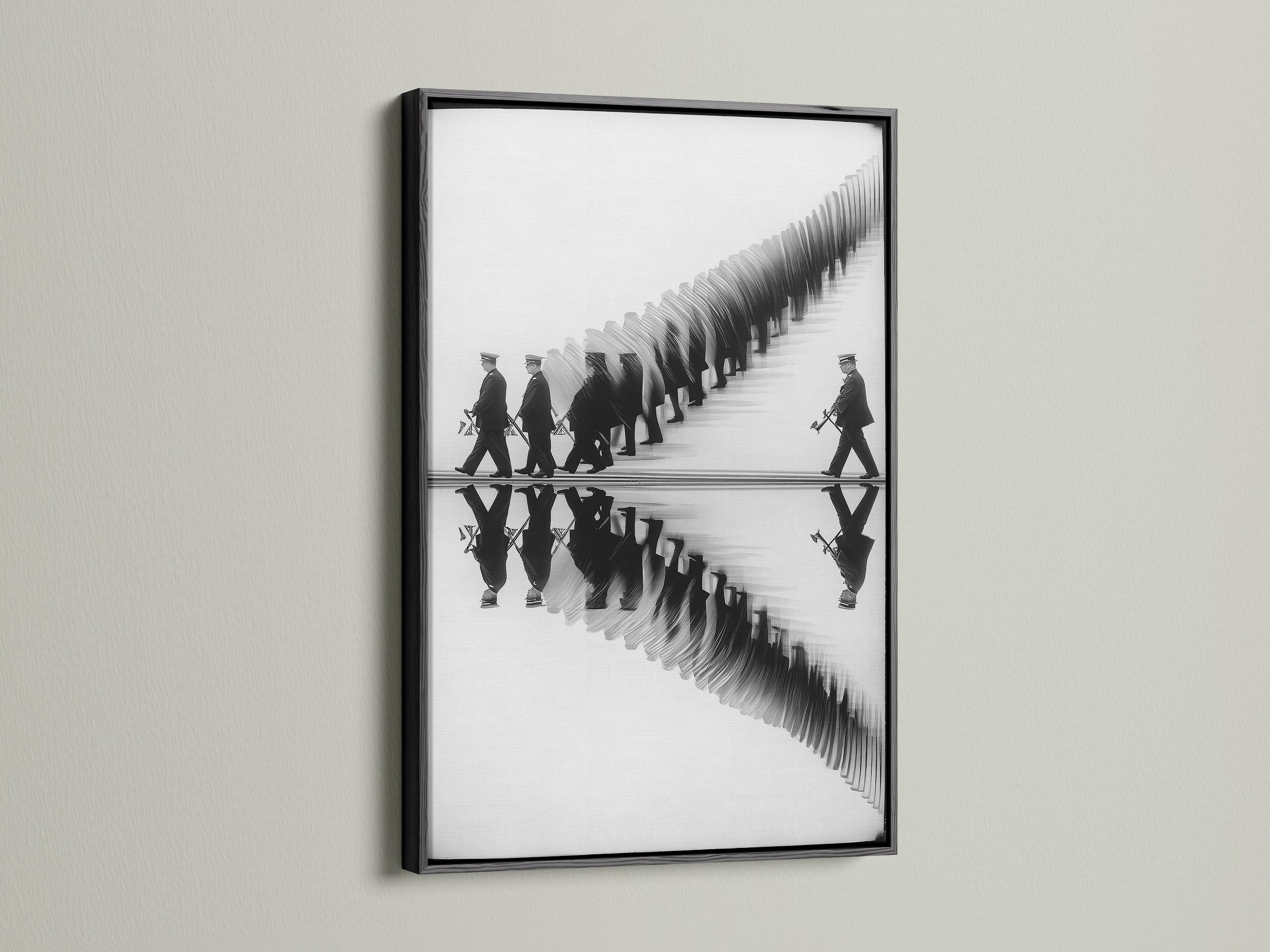 This marching band artwork has a sleek black frame. The black and white reflection art complements any room. Suitable for modern minimalist or urban interiors. It enhances office wall art study decor and music rooms. A sophisticated choice for professionals and music lovers alike.