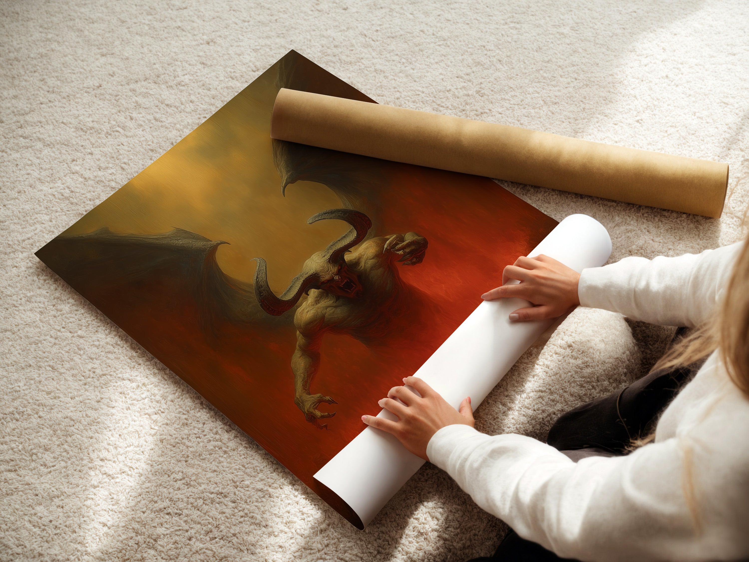 A woman carefully rolls a fine art poster paper. The paper is high-quality and ready for framing. The artwork is protected during handling. Discover our range of fine art posters. Find the perfect print to inspire you.