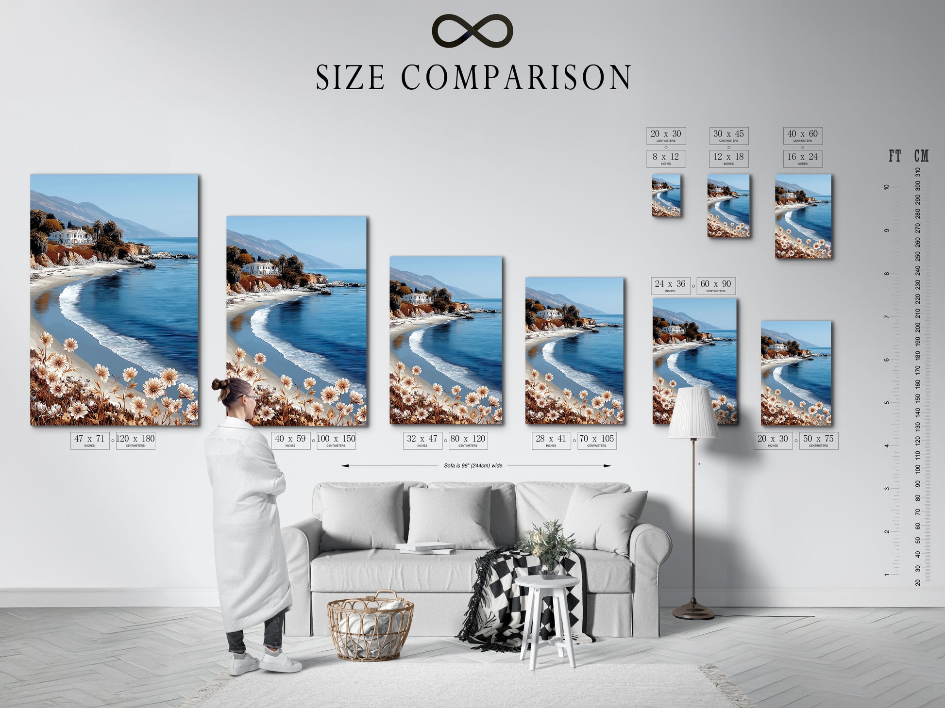 This image shows a size comparison chart in an interior setting. Various sizes of coastal beach artwork are displayed. This chart helps you visualize the perfect size for your space. Choose the ideal California seascape wall art to enhance your room's decor.