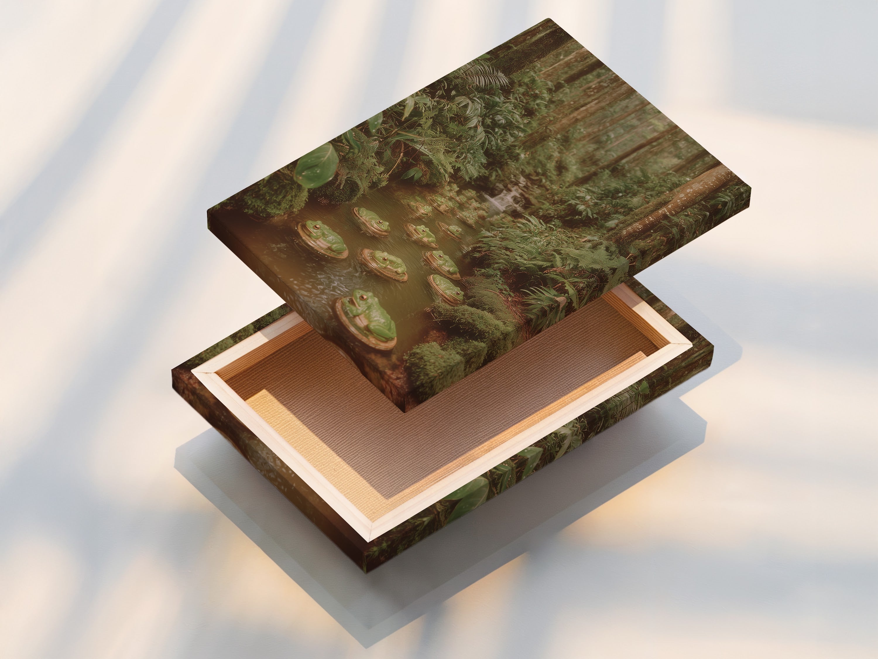 A stretched canvas print of the Frog Pond artwork. This enchanted forest scene is ready to hang. The art brings a touch of cottagecore decor to your living space with its serene nature and green aesthetic.