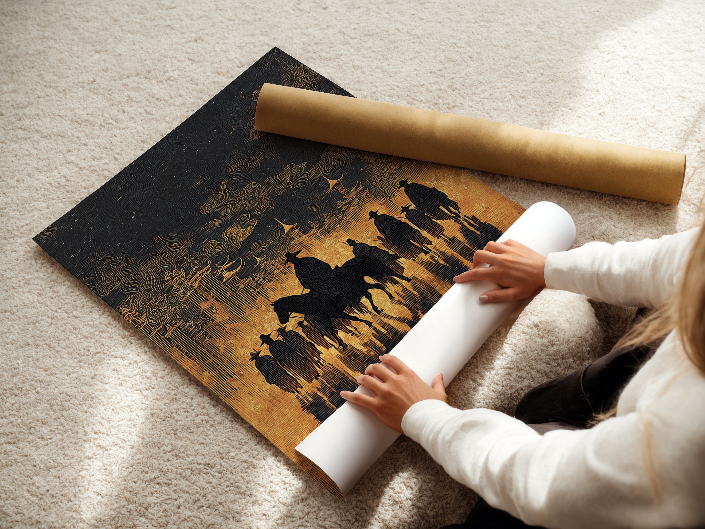 A woman is carefully rolling a fine art poster paper. The paper showcases a Western Cowboys artwork. This poster is perfect for those who appreciate vintage western art. A great gift idea.