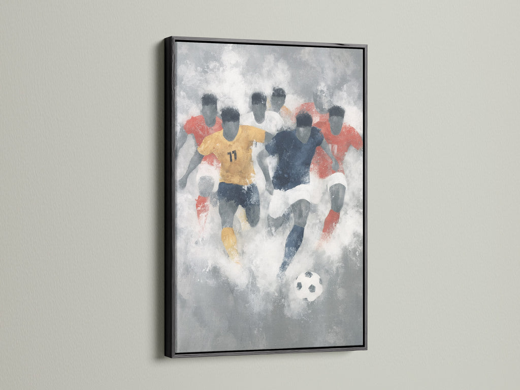 Abstract sports art framed in a sleek black frame. The artwork features a dynamic scene of soccer players. The black frame provides a modern contrast to the watercolor soccer art. This sports wall decor is a great choice for a teen boy bedroom decor.