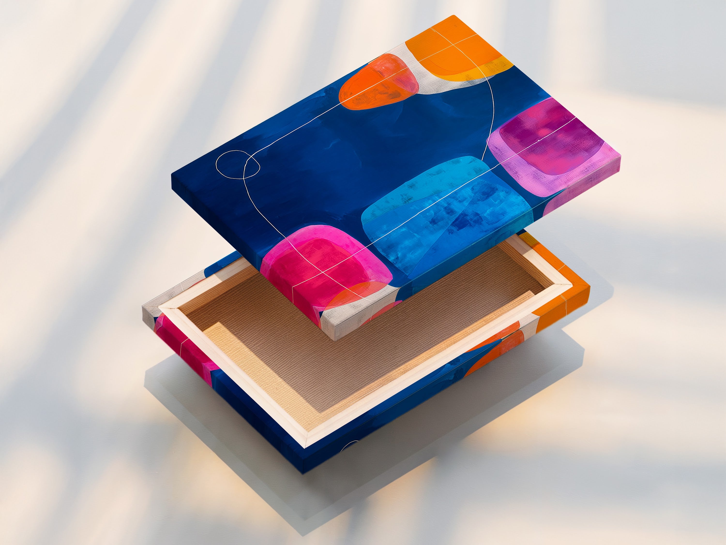 A stretched canvas print of abstract geometric artwork. The canvas features a navy blue background with colorful shapes. This modern wall art is ready to hang and adds a contemporary touch to any space. Perfect for living rooms offices and galleries