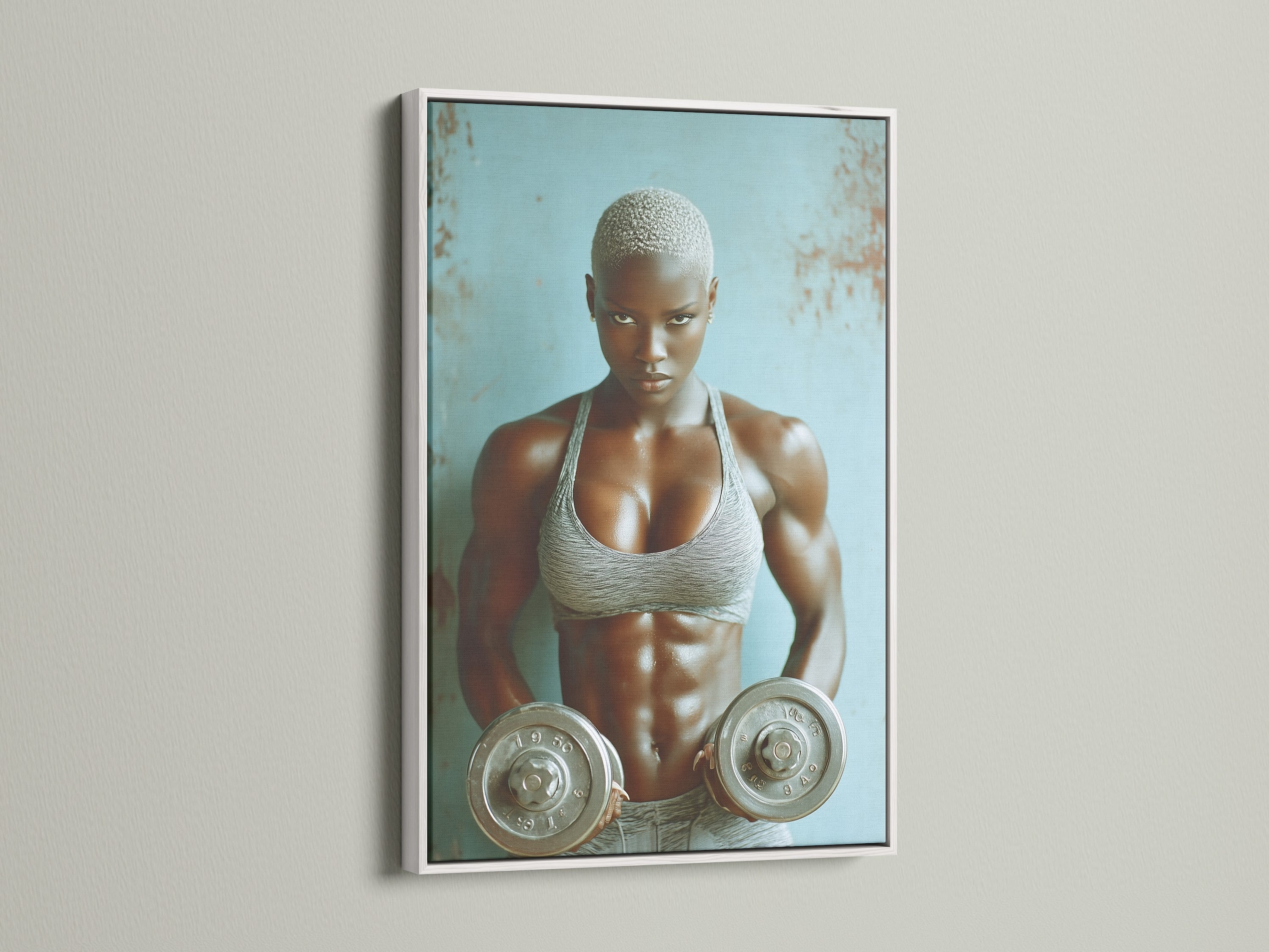Strong woman fitness art in a white frame. Gym motivation weightlifting art for a home gym. The artwork is motivational and stylish. It is perfect for a workout room. Enhance your fitness space with this contemporary piece.