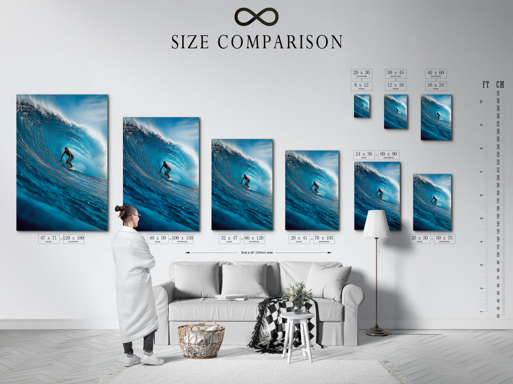 A size comparison chart in an interior shows the options. See how each size fits in a room. Choose the perfect size for your space. Plan your wall decor with this chart. Visualize your artwork.