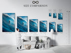 A size comparison chart in an interior shows the options. See how each size fits in a room. Choose the perfect size for your space. Plan your wall decor with this chart. Visualize your artwork.