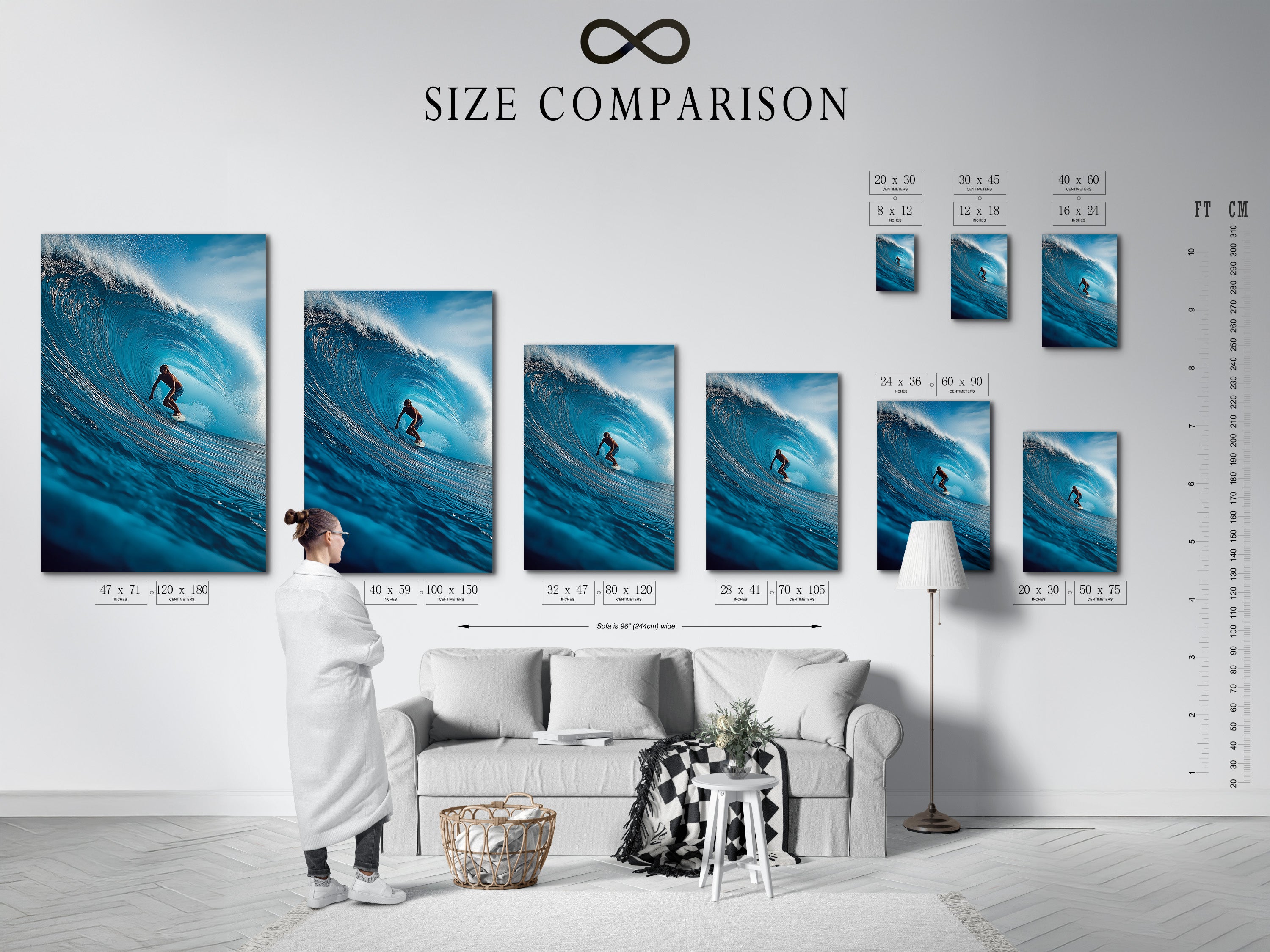 A size comparison chart in an interior shows the options. See how each size fits in a room. Choose the perfect size for your space. Plan your wall decor with this chart. Visualize your artwork.