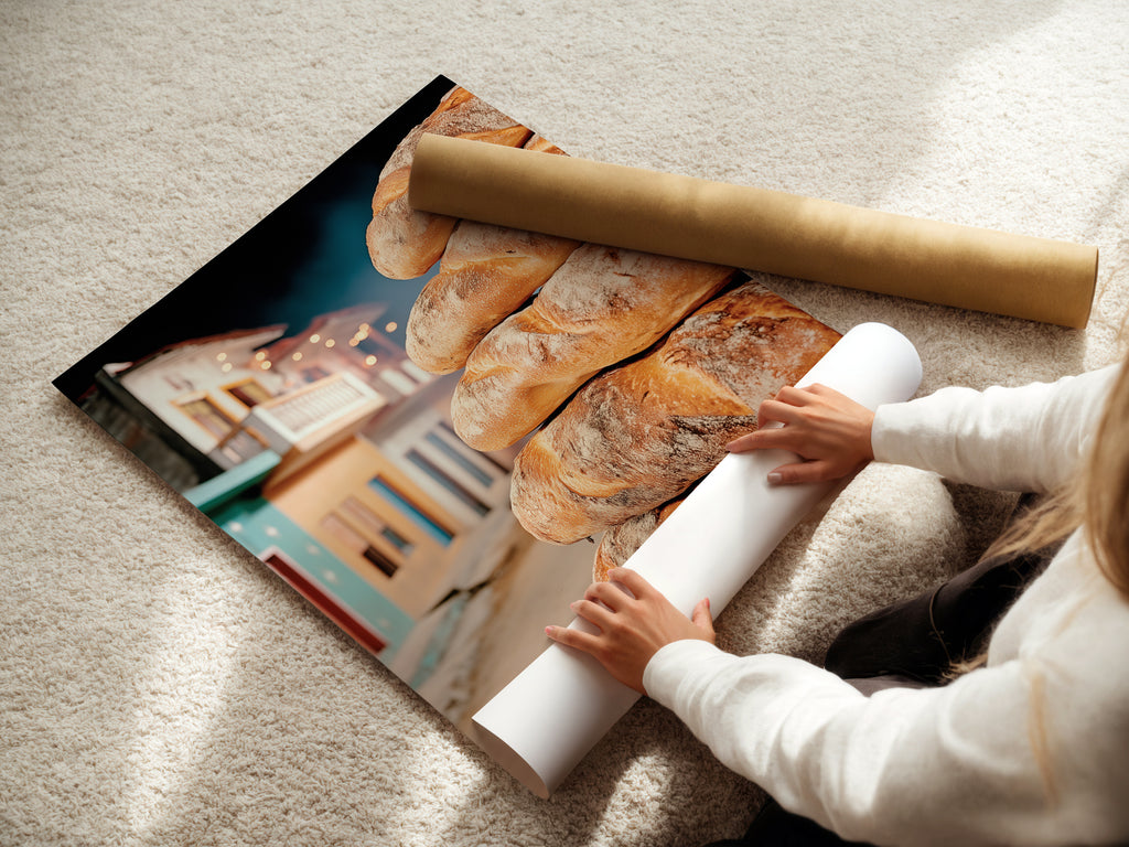 A woman is carefully rolling a fine art poster paper. Preparing it for a Fresh Bread Canvas Print. This highlights the care in producing rustic kitchen art. Ensures high quality food photography.