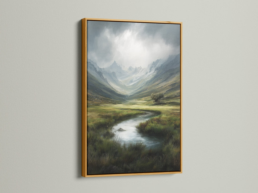 Mountain Valley Landscape Print - Serene River Scene, Nature Wall Art, Green Meadow Artwork, Scenic Home Decor, Highland Print