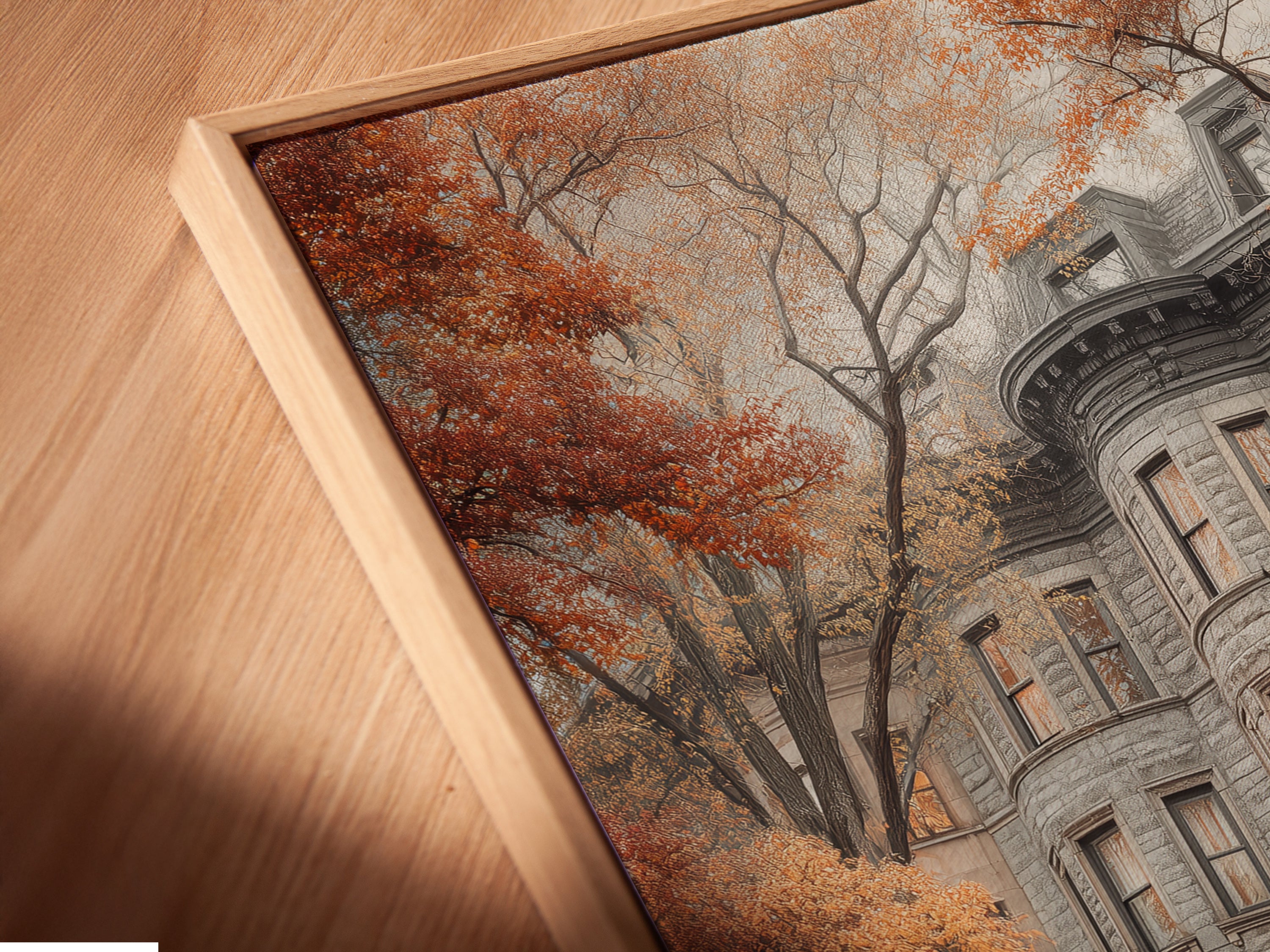 This angled close-up shows a canvas print in a floating frame. The Brownstone Canvas Print features a stunning urban landscape. The floating frame adds a modern touch to this vintage architecture artwork.