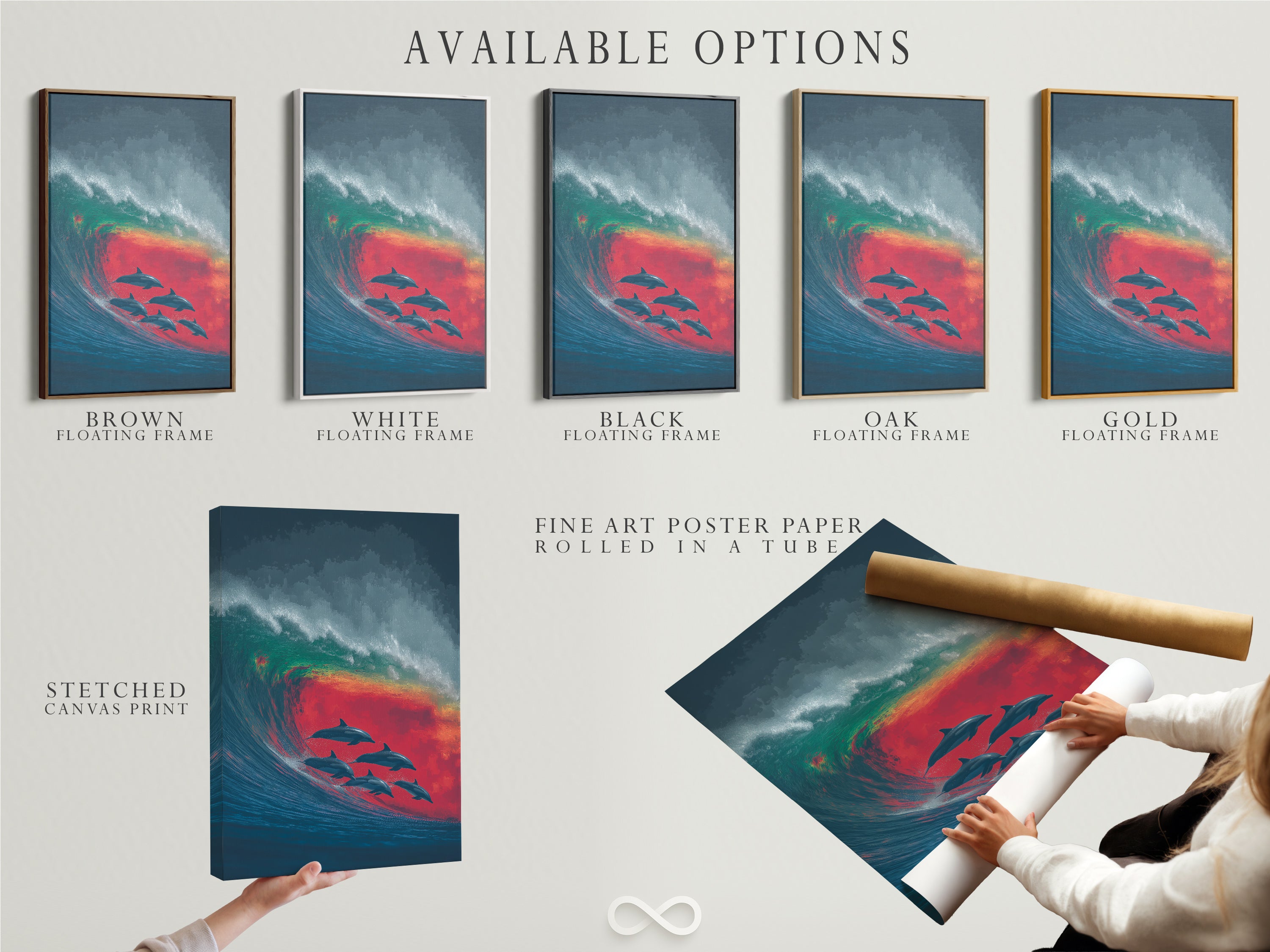 Available options for the Dolphin Wave artwork. Choose from stretched canvas print fine art poster paper or floating frame. Customize your artwork to fit your style. Perfect for coastal or nautical themes.