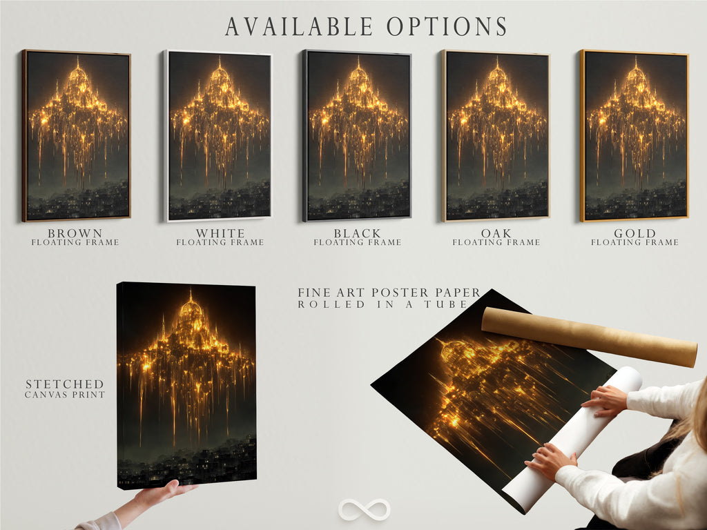 Available options include a stretched canvas print fine art poster paper and a floating frame. Choose how you want your gothic cathedral art. This mystical wall art is ideal for dark academia decor. Enjoy the fantasy architecture and golden light art. Enhance gothic wall decor.