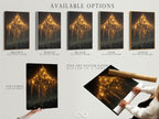 Available options include a stretched canvas print fine art poster paper and a floating frame. Choose how you want your gothic cathedral art. This mystical wall art is ideal for dark academia decor. Enjoy the fantasy architecture and golden light art. Enhance gothic wall decor.