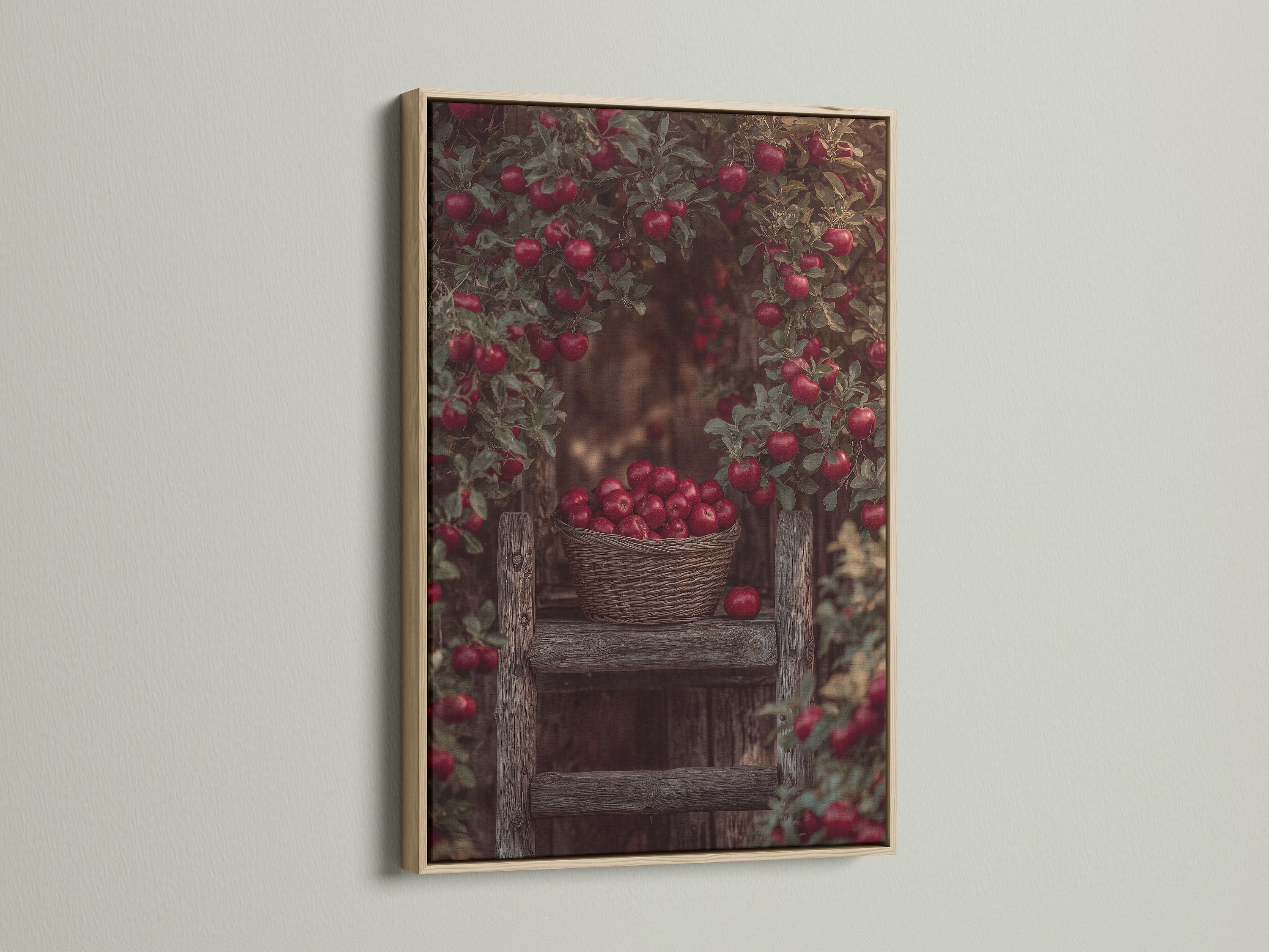 Apple Orchard art displayed in an oak frame. This artwork adds a touch of country style to your home. The oak frame enhances the vintage harvest decor. Ideal for farmhouse wall art.