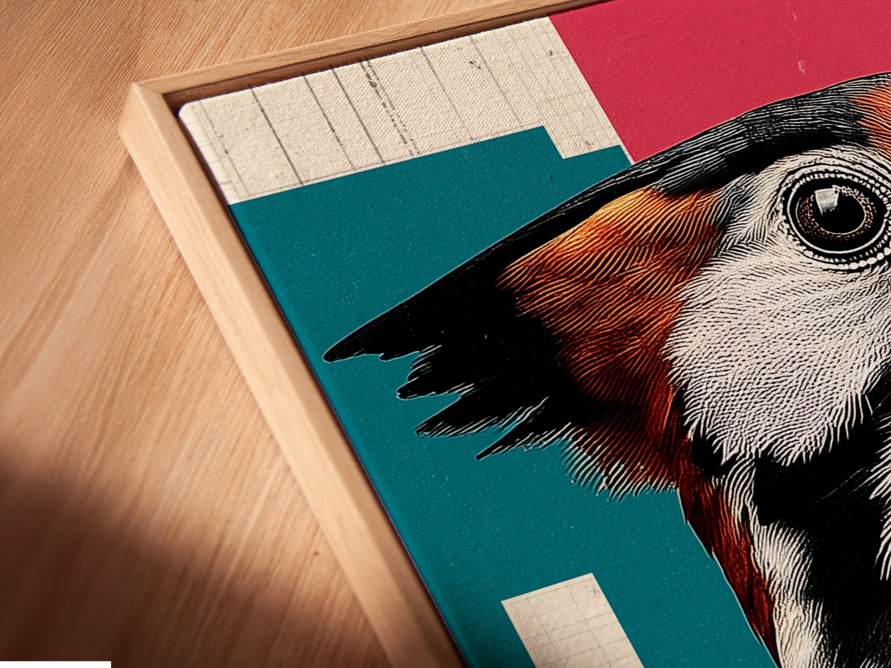 Angled close up of a canvas print in floating frame. The frame displays a retro Woodpecker bird artwork. Geometric style gives study room and office a touch of nature. Bird canvas art is perfect for birdwatching gift. Colorful wall art for avian art print.