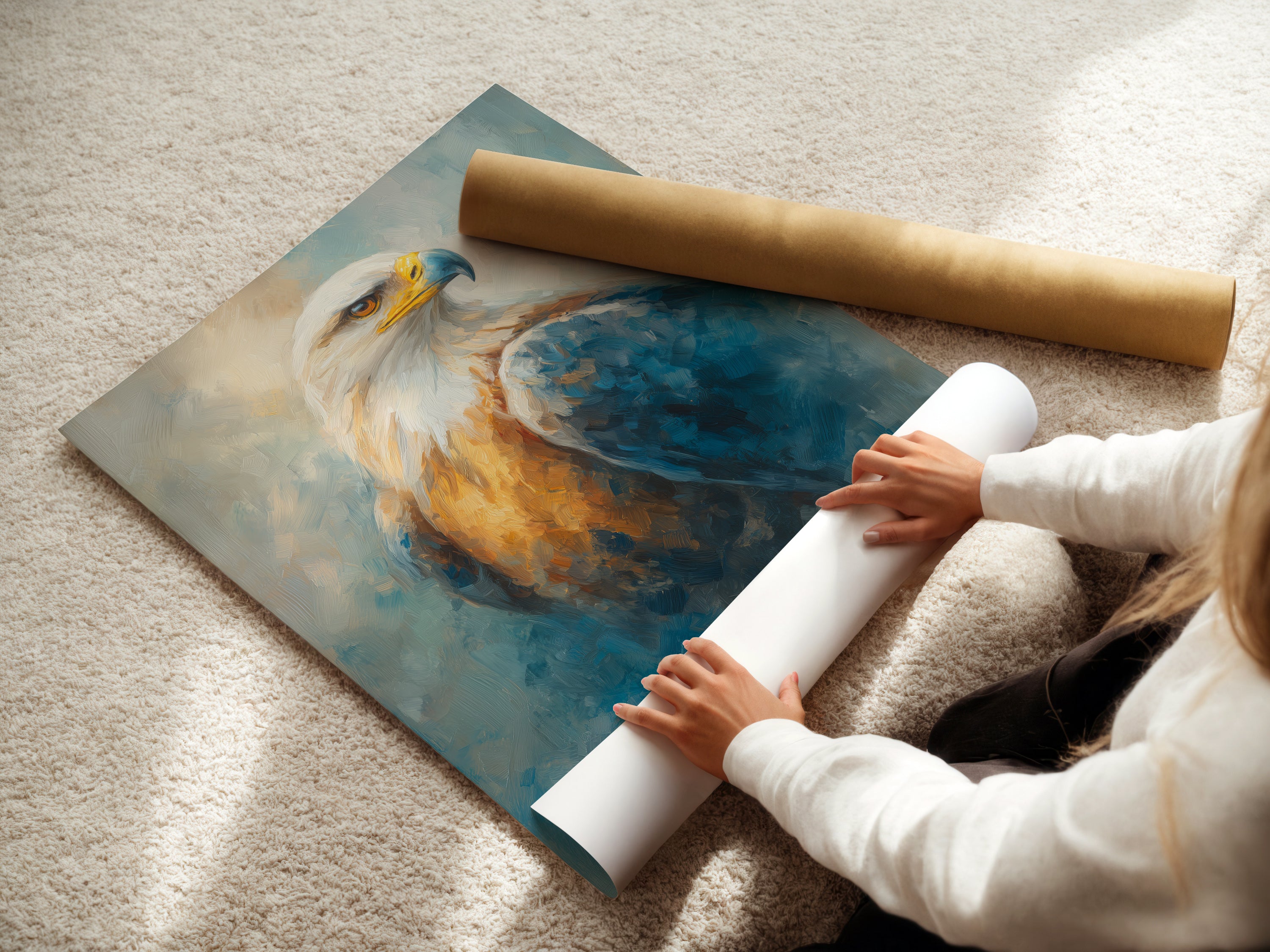 A woman carefully rolling a fine art poster paper. This showcases the quality of our eagle wall art. Our majestic bird canvas prints are perfect for any space. We provide patriotic wildlife art for your office decor. Discover American eagle artwork and raptor art. Each piece is handled with care. Explore our nature wall art collection today.