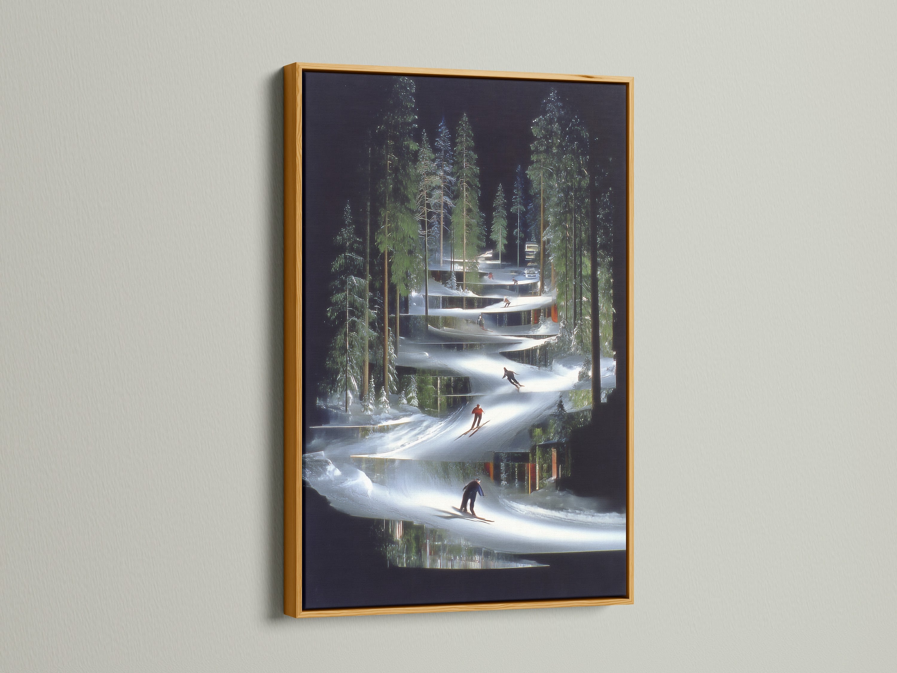 Modern ski resort artwork presented in a gold frame. This alpine forest wall art adds a touch of luxury to your decor. Perfect contemporary winter sports decor for a sophisticated space. Elevate your home with this artwork.