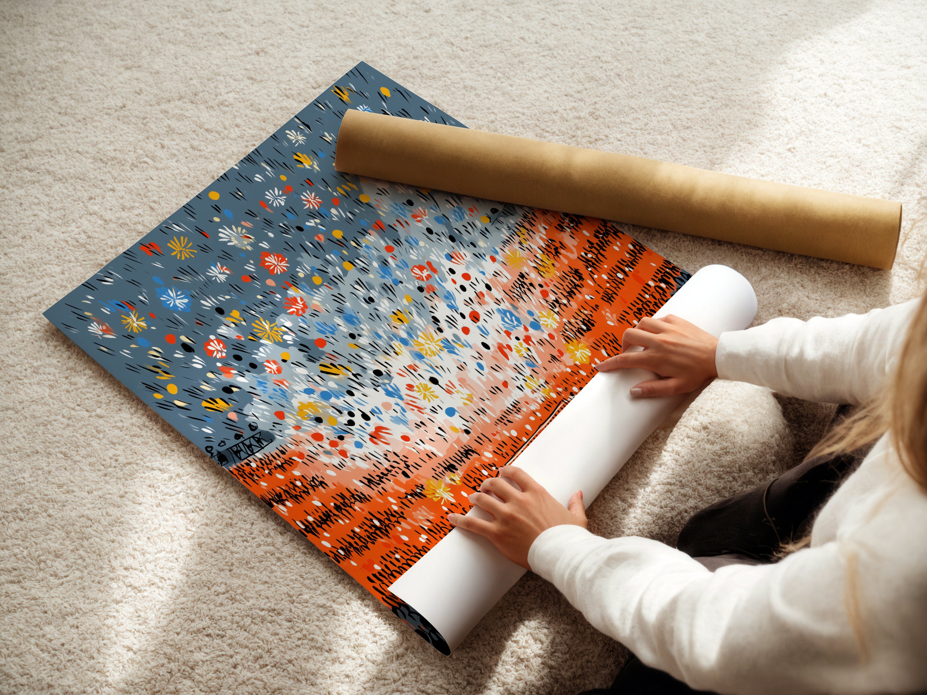 A woman carefully rolling a fine art poster paper. High quality materials ensure your boxing artwork arrives in perfect condition.  Ideal for sports enthusiasts looking to elevate their decor.  Get your fight night art ready to frame and display.