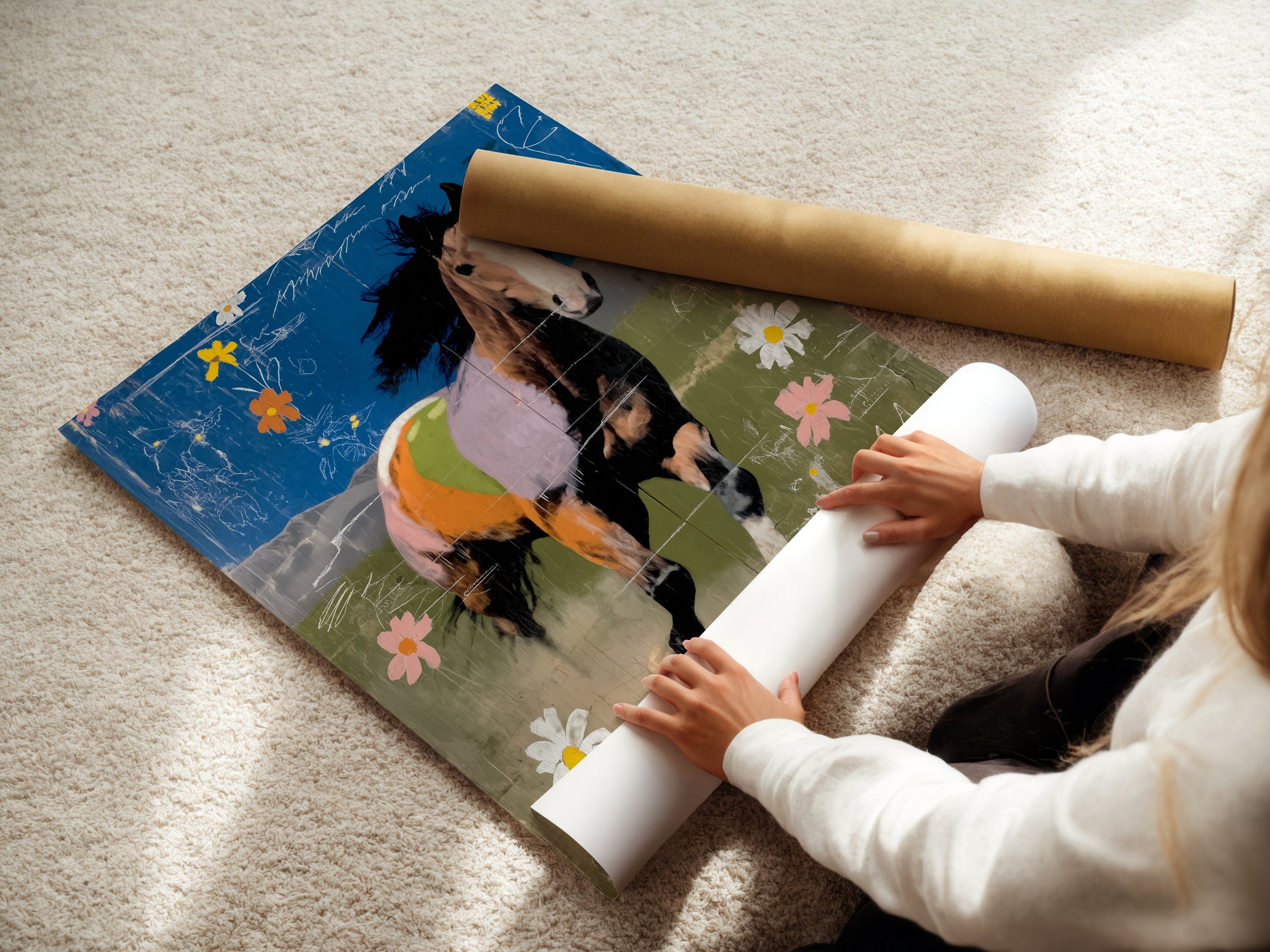 A woman carefully rolling a fine art poster paper. The poster paper ensures high-quality prints. This is perfect for capturing the intricate details of abstract horse art prints for any decor.