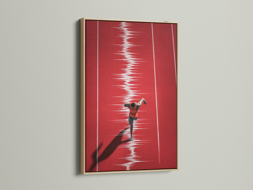 Artwork of a runner in an oak frame. The oak frame offers a natural and timeless aesthetic. This frame enhances the artwork with its warm tones. Perfect for any room. Shop our oak-framed art today.