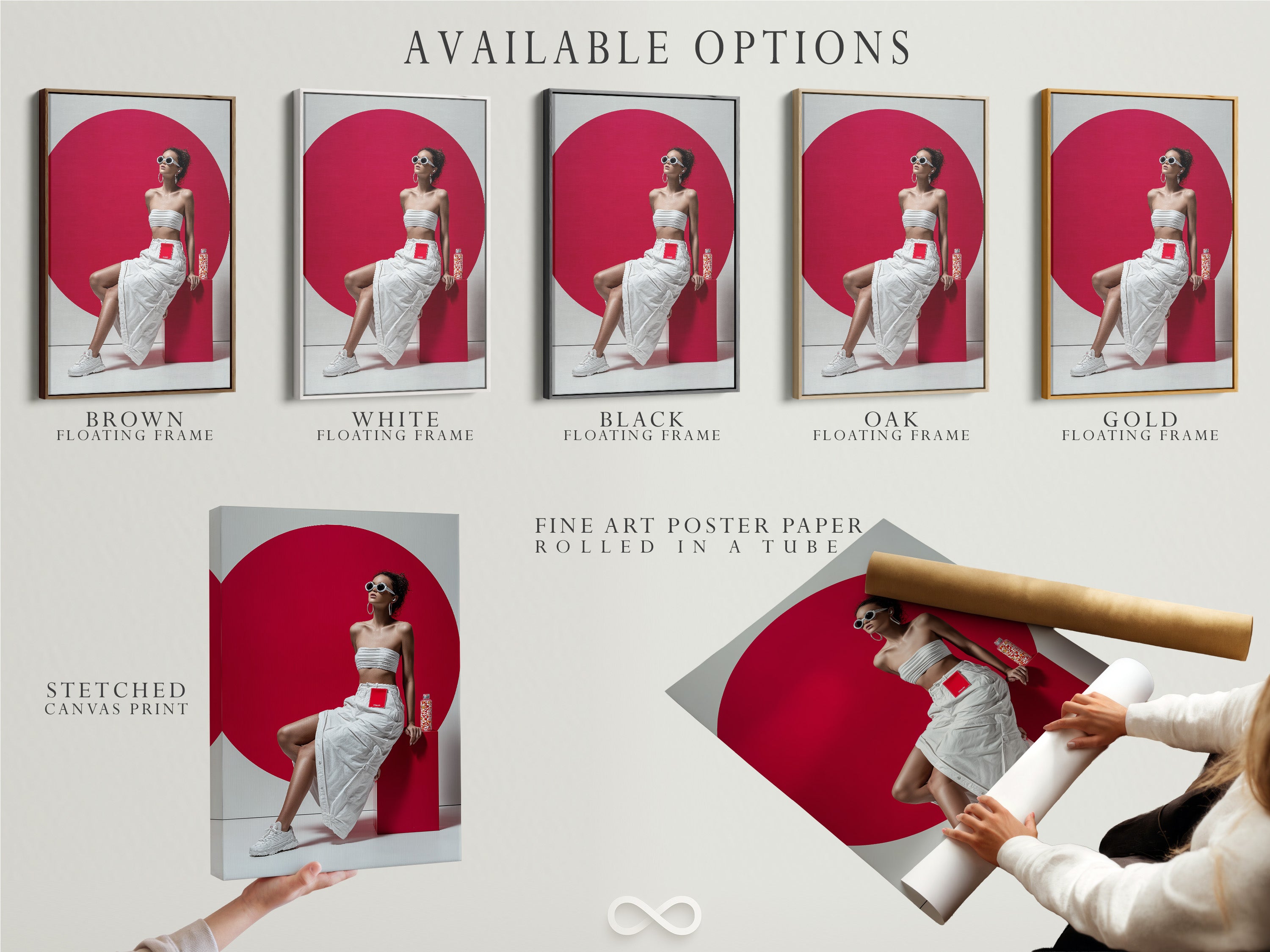 Explore available options for this modern fashion artwork. Choose between a stretched canvas print a fine art poster paper or a floating frame. Customize your pop art canvas to perfectly match your style. Elevate your space.