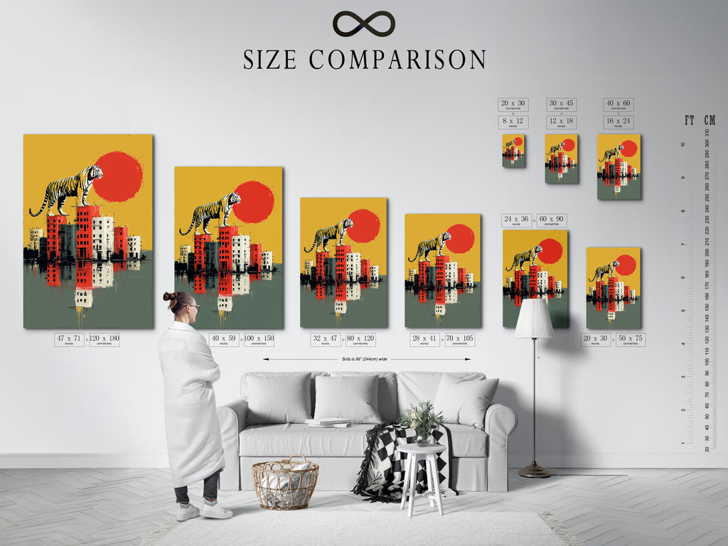 A size comparison chart is displayed in an interior setting. The chart helps visualize artwork dimensions. Choose the perfect size for your space. Ideal for Tiger City art prints and canvas art. Find the right fit for your wall decor. Discover the impact of different sizes on your modern art.