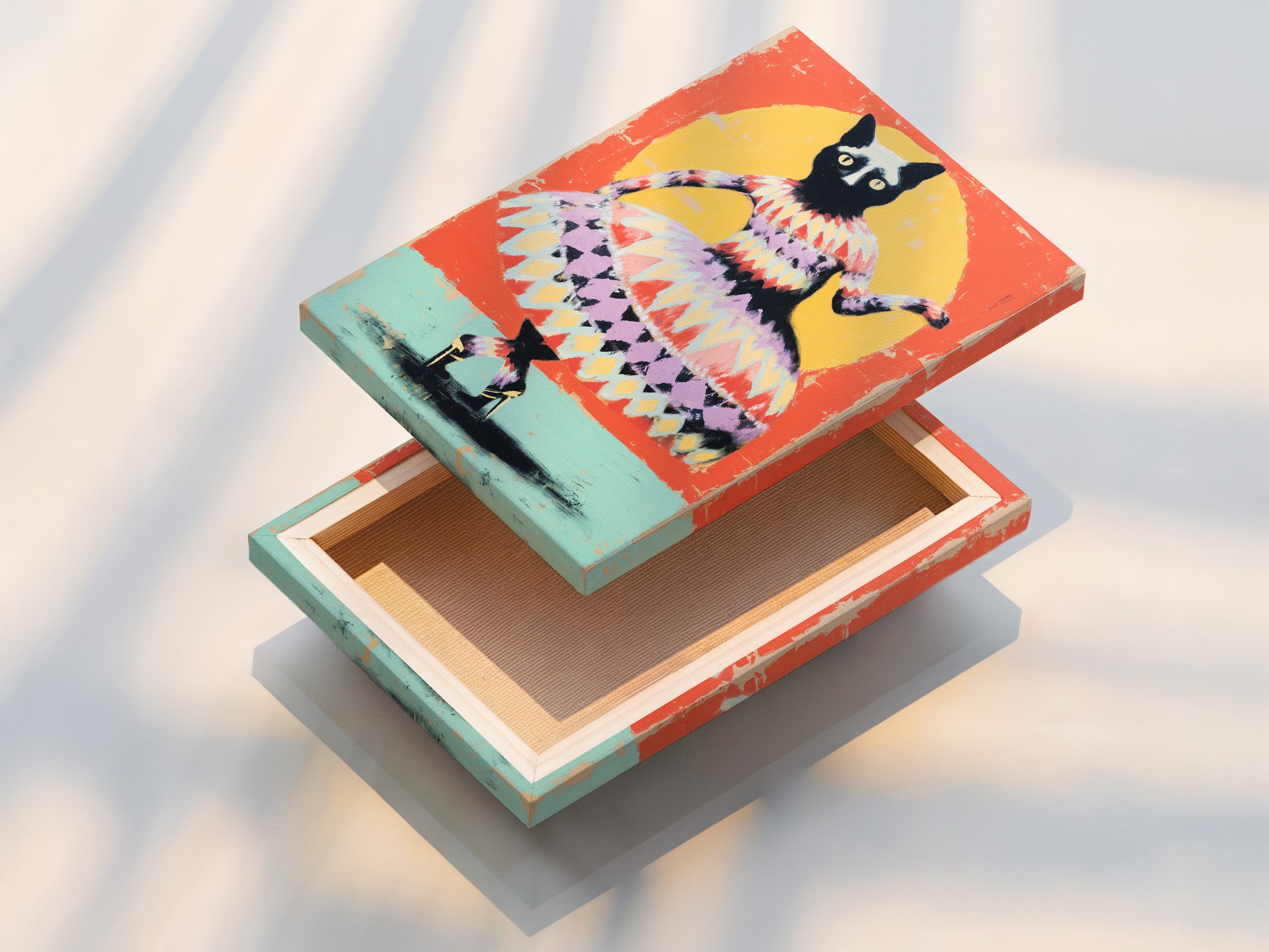 A stretched canvas print features a whimsical cat art. The artwork is vibrant with orange and yellow hues. This folk art canvas is a quirky addition to any space. It's perfect as animal wall art for a modern home or kids room.