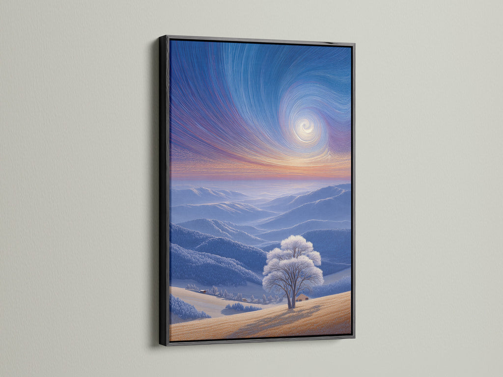 This is a black frame displaying a striking winter landscape art print. The black frame adds a touch of sophistication. It creates a bold contrast with the artwork. This option enhances depth and visual appeal.
