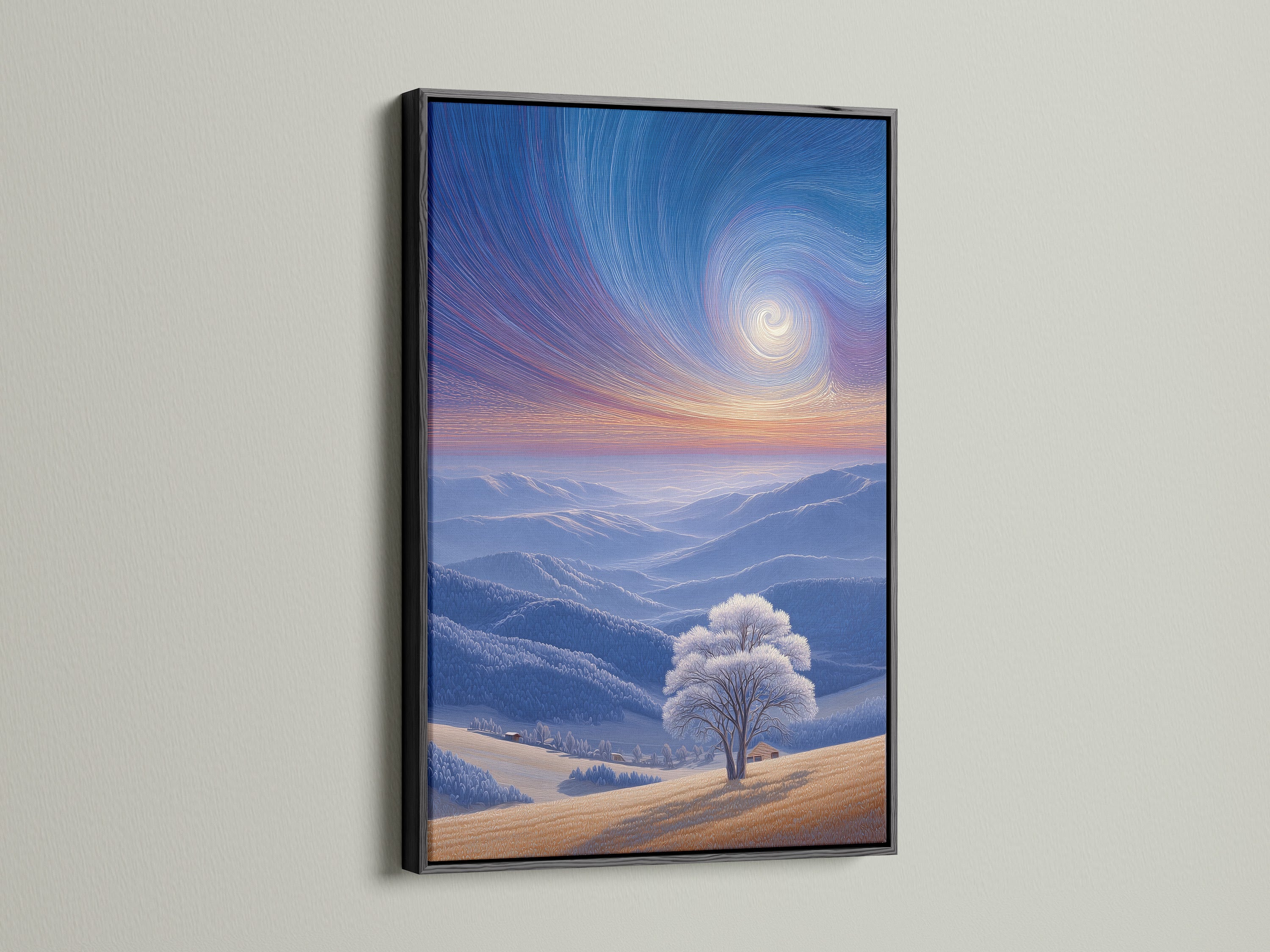 This is a black frame displaying a striking winter landscape art print. The black frame adds a touch of sophistication. It creates a bold contrast with the artwork. This option enhances depth and visual appeal.