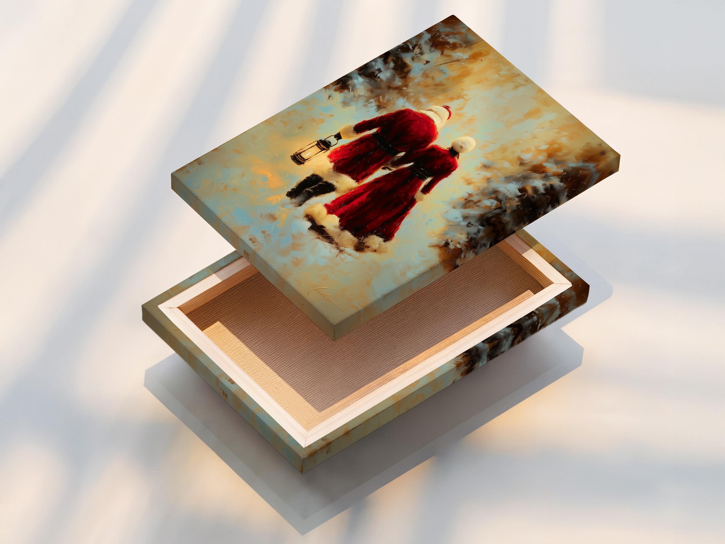 See our stretched canvas print option. This winter couple artwork is ready to hang. The stretched canvas enhances the vintage artwork. Shop now for festive wall decor.