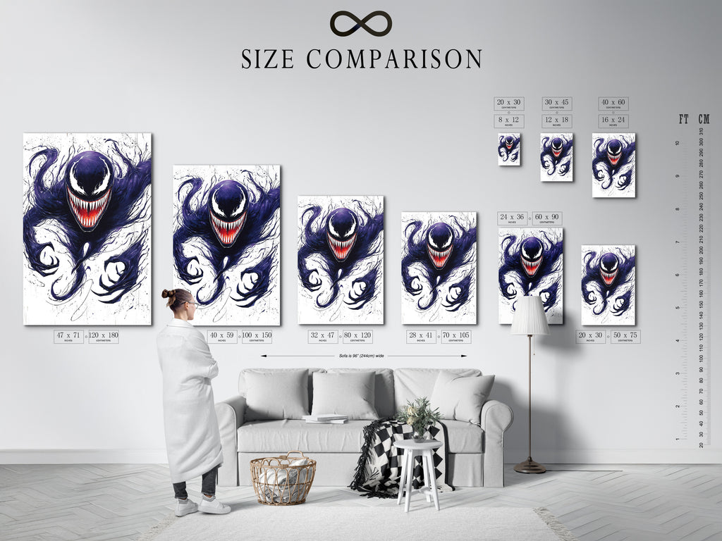 A size comparison chart is displayed in an interior setting. See how the symbiote inspired art fits your space. The gothic monster canvas is available in various sizes. Find the perfect fit for your game room or geek wall.
