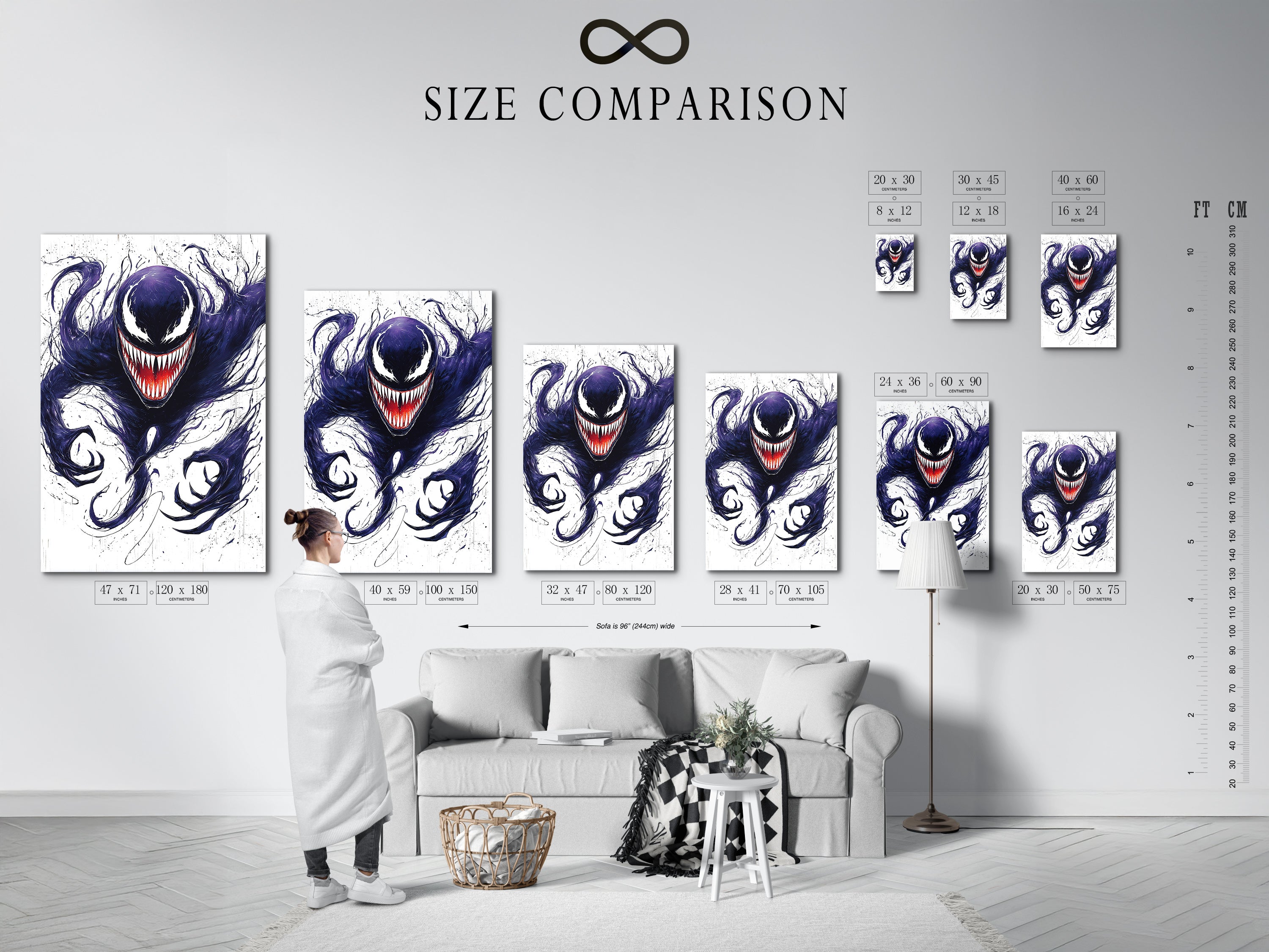 A size comparison chart is displayed in an interior setting. See how the symbiote inspired art fits your space. The gothic monster canvas is available in various sizes. Find the perfect fit for your game room or geek wall.