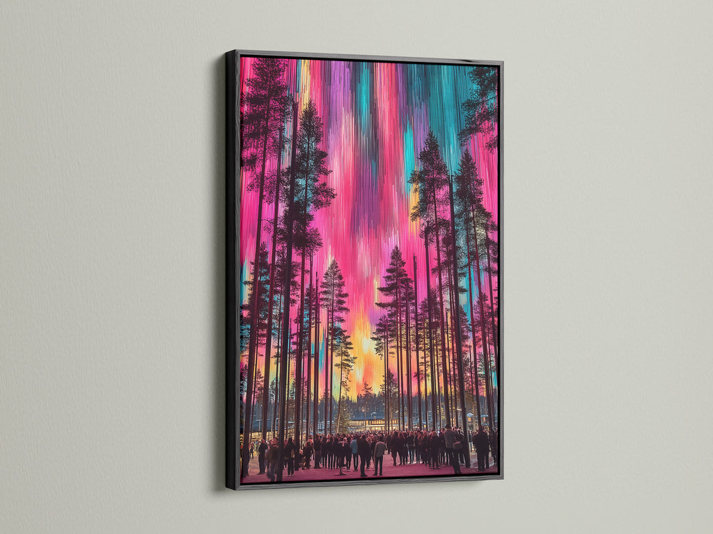 Aurora Borealis colorful forest poster in a black frame. This landscape art captures the beauty of the northern lights. Perfect for adding a vivid touch to minimalist or eclectic styles. A stunning piece of wall decor.