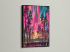 Aurora Borealis colorful forest poster in a black frame. This landscape art captures the beauty of the northern lights. Perfect for adding a vivid touch to minimalist or eclectic styles. A stunning piece of wall decor.