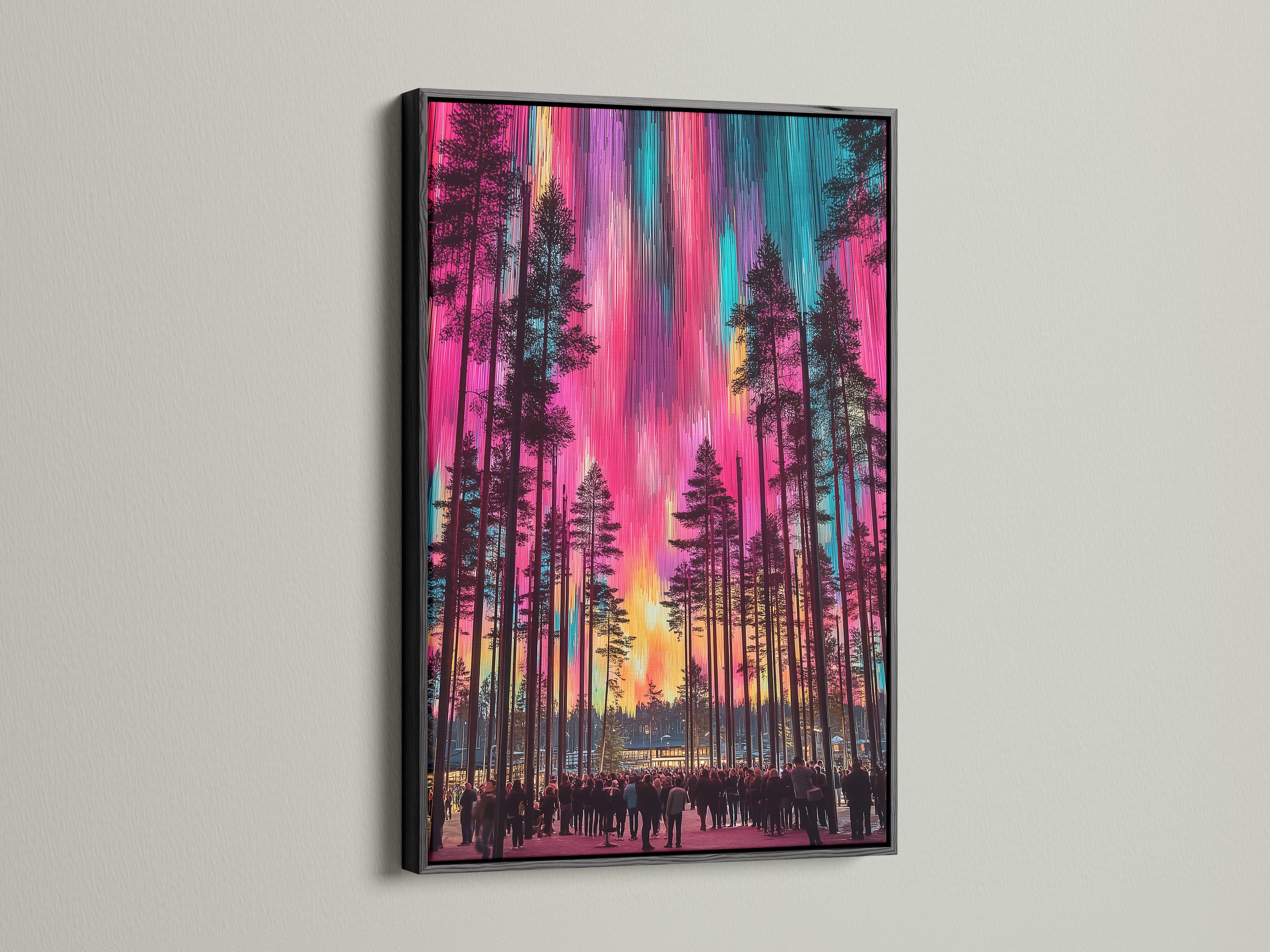 Aurora Borealis colorful forest poster in a black frame. This landscape art captures the beauty of the northern lights. Perfect for adding a vivid touch to minimalist or eclectic styles. A stunning piece of wall decor.