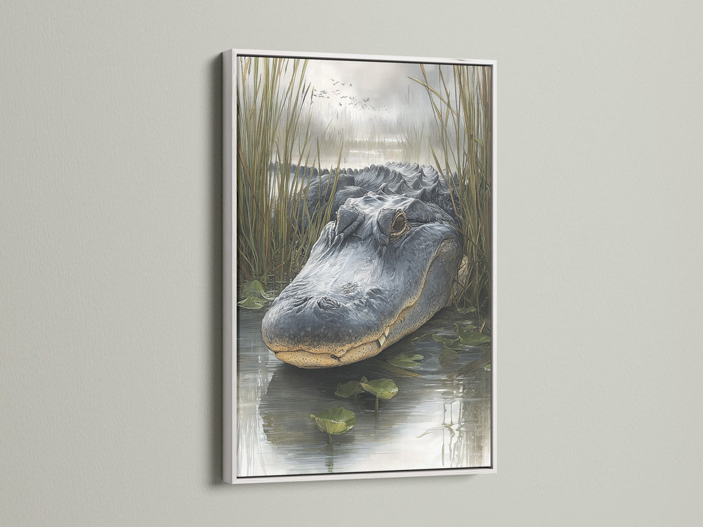 Artwork featuring an alligator in a white frame. The white frame offers a clean modern look. This frame highlights the artwork. Discover how a white frame transforms your space.
