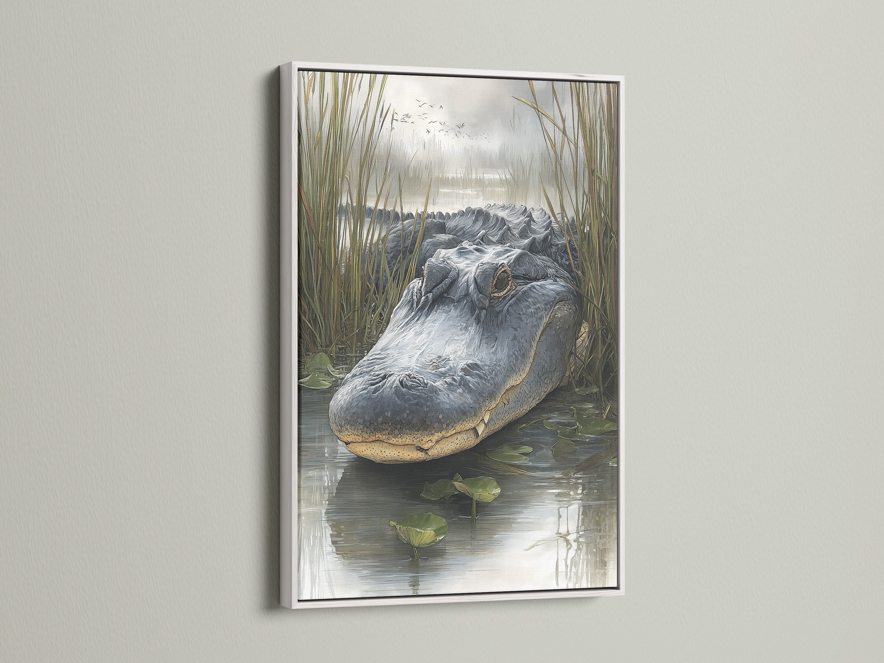 Artwork featuring an alligator in a white frame. The white frame offers a clean modern look. This frame highlights the artwork. Discover how a white frame transforms your space.
