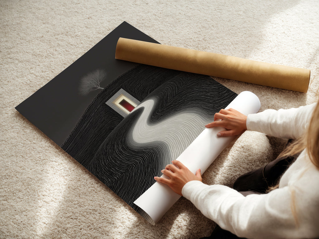 A woman carefully rolling a fine art poster paper. Prepare minimalist landscape artwork for framing. The black and white geometric decor will soon be ready. It's a perfect touch for modern home decor. Explore zen wall art.