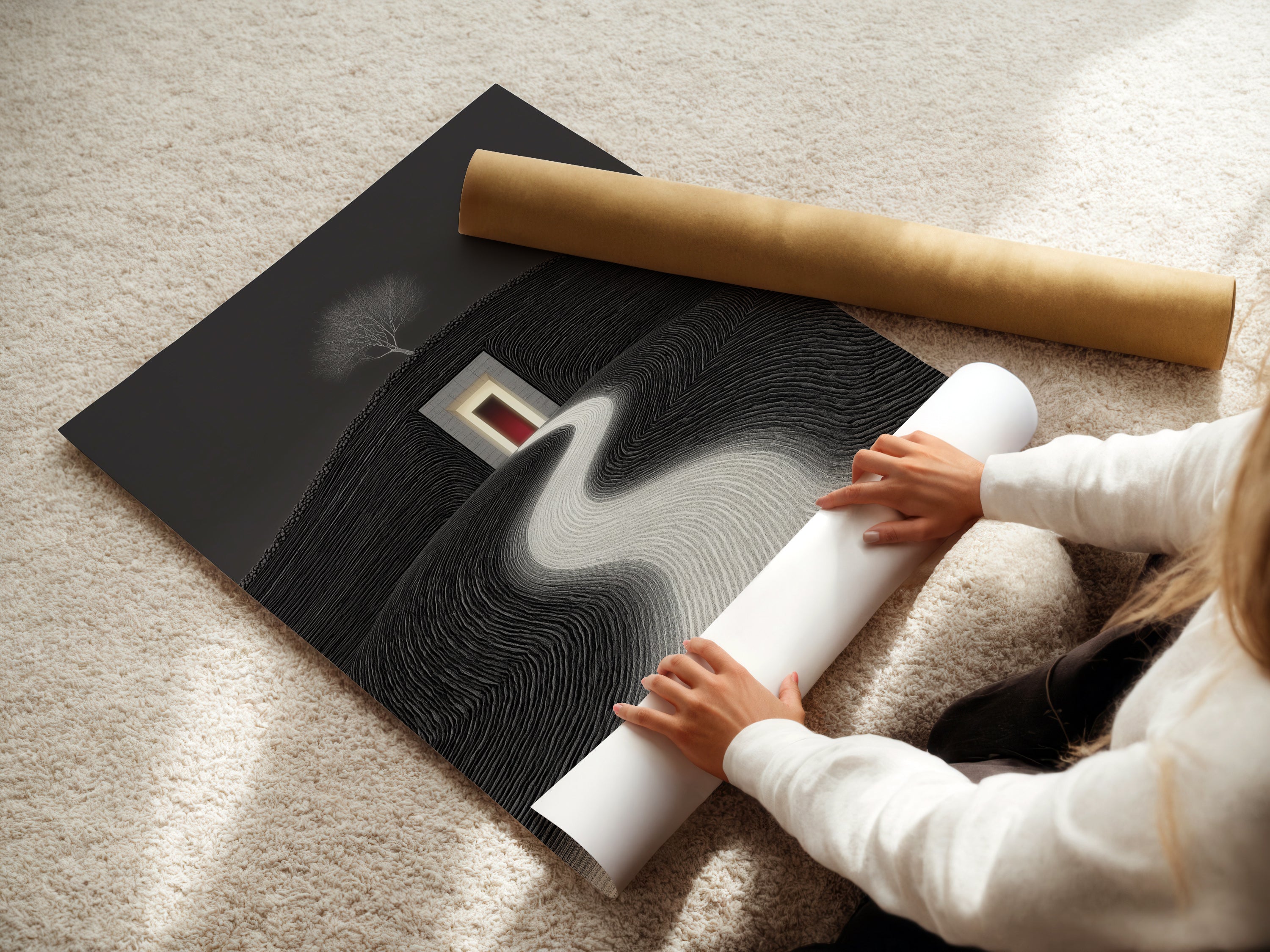 A woman carefully rolling a fine art poster paper. Prepare minimalist landscape artwork for framing. The black and white geometric decor will soon be ready. It's a perfect touch for modern home decor. Explore zen wall art.