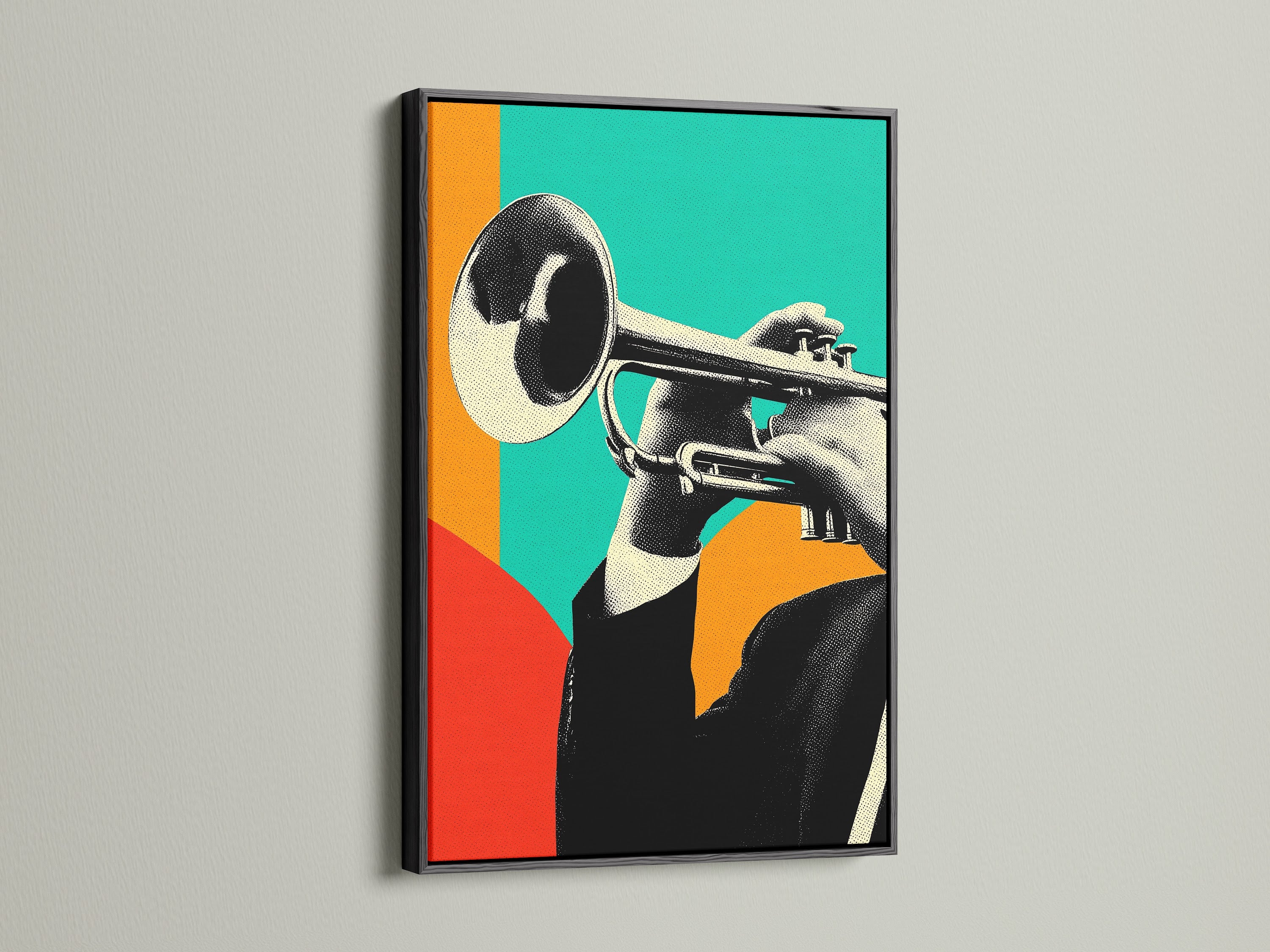 Trumpet Player print in a sleek black frame. This mid-century modern artwork complements contemporary styles. It's suitable for recording studios. It's a refined piece of musical artwork.