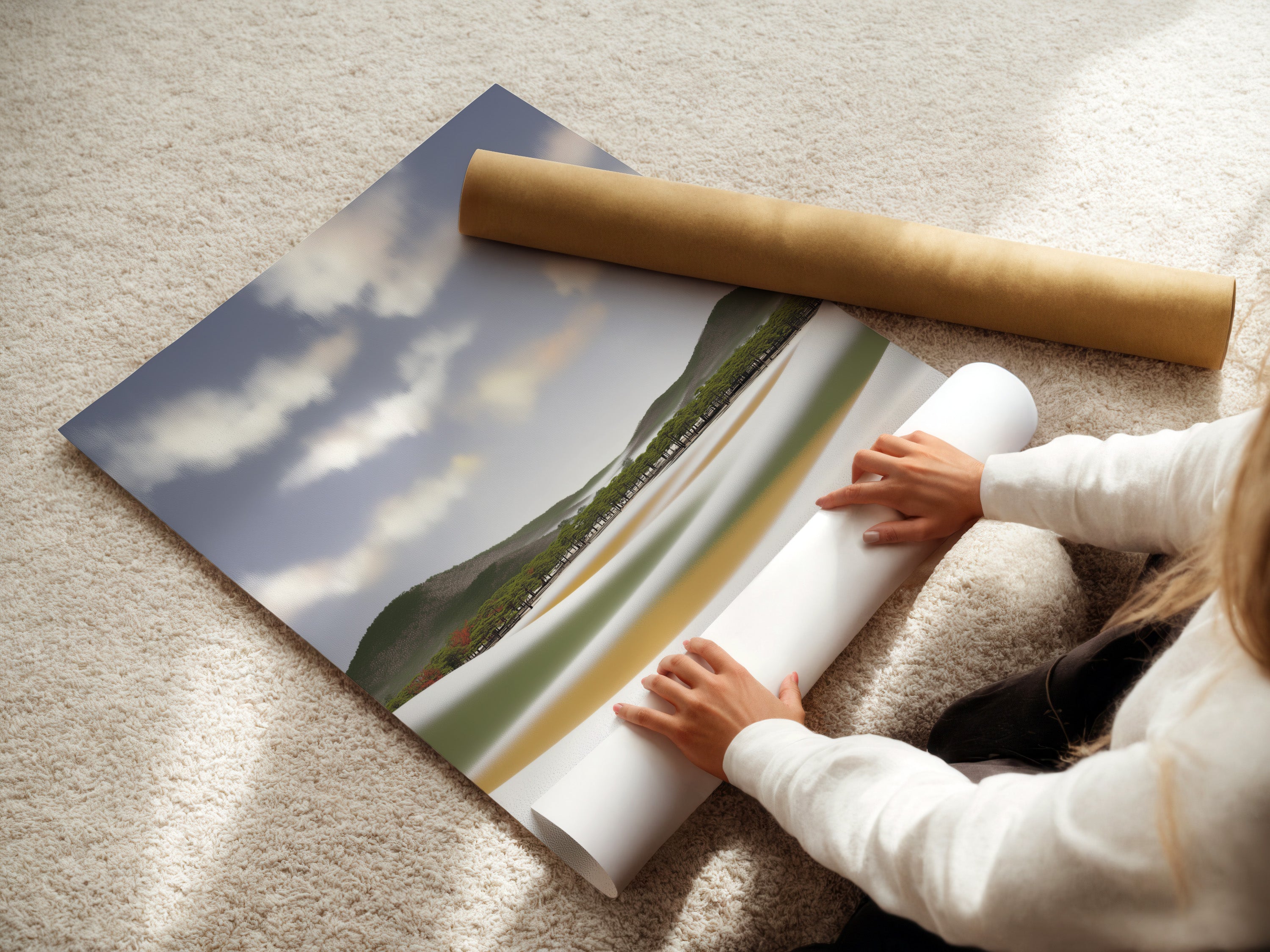 A woman carefully rolls a fine art poster paper featuring a coastal landscape. This serene nature print is perfect for modern wall art. The fine art poster paper ensures high quality. Ideal for adding a touch of coastal decor to your home. Bring the beauty of the beach indoors.
