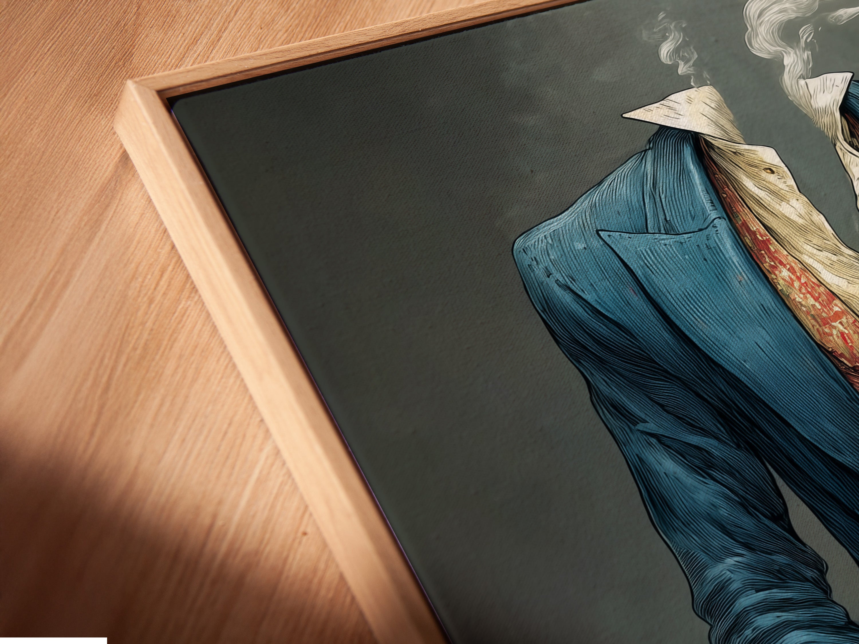 Angled close up of a canvas print in a floating frame. Vintage Piano Player Art makes a unique addition to any wall. The Blue Suit Pianist artwork is perfect for music rooms.